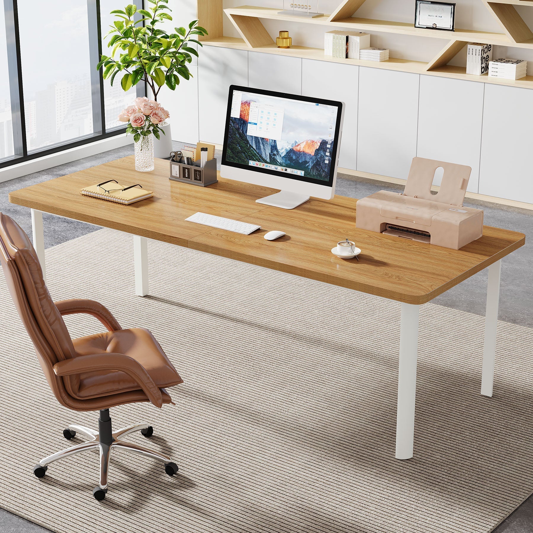 198 cm Computer Desk, Wood Office Desk Writing Table