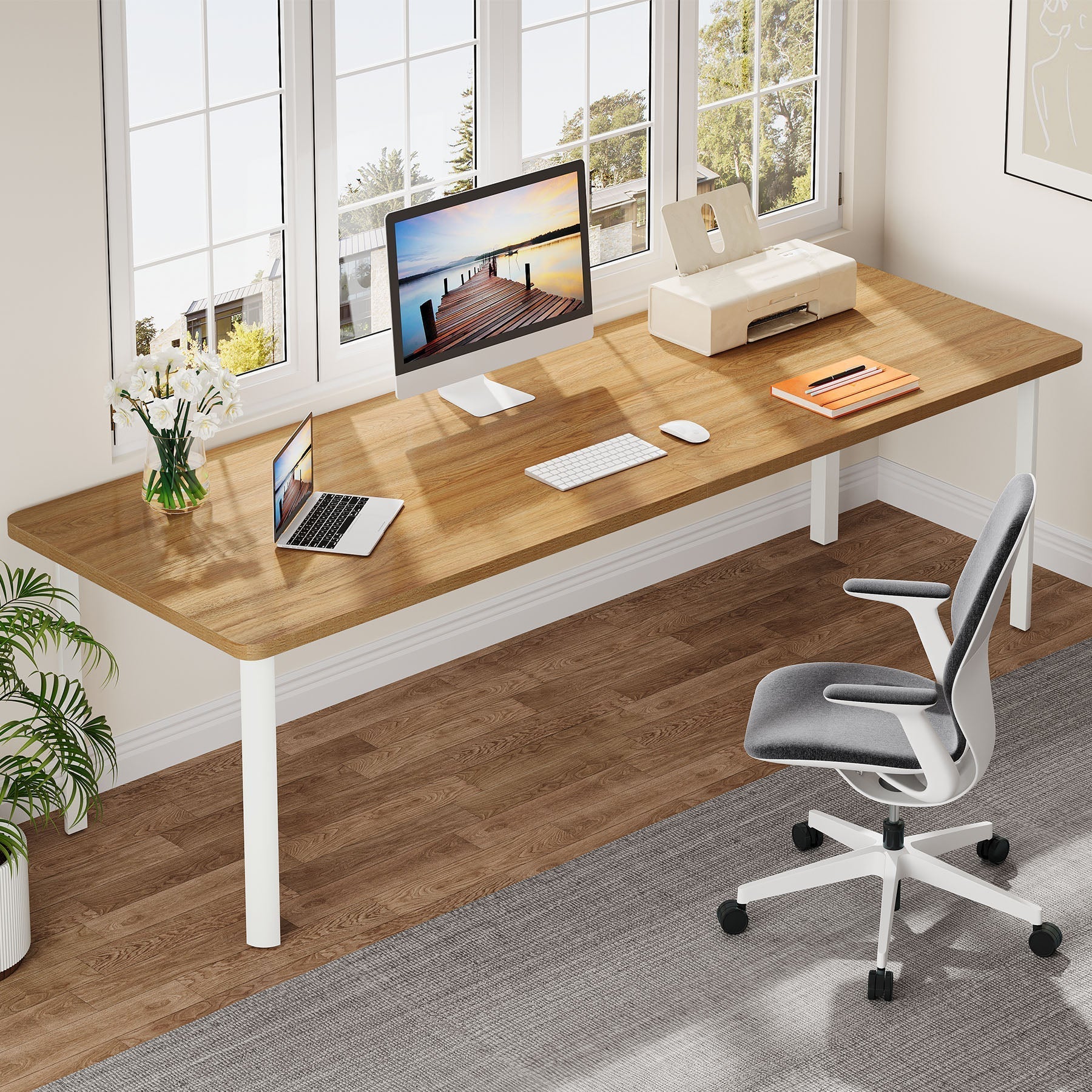 198 cm Computer Desk, Wood Office Desk Writing Table