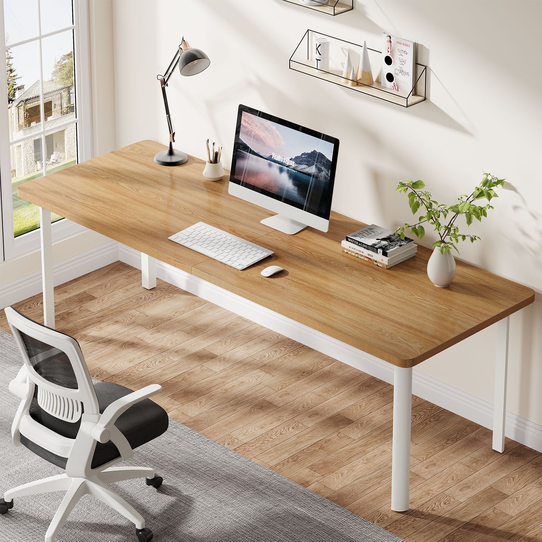 198 cm Computer Desk, Wood Office Desk Writing Table