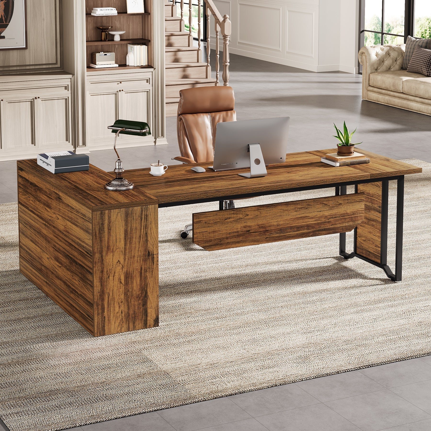 198 cm L-Shaped Executive Desk, Farmhouse Reversible Computer Desk with Cabinet