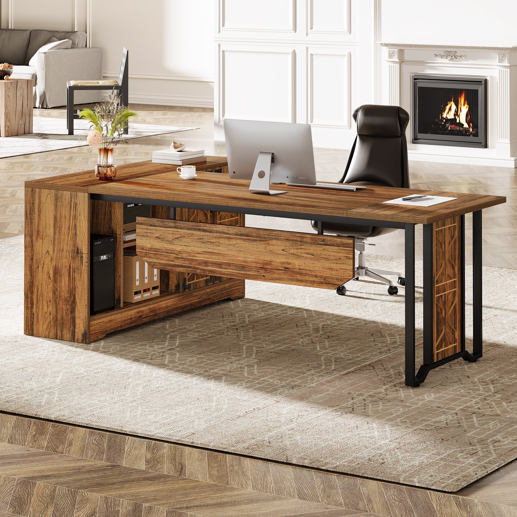 198 cm L-Shaped Executive Desk, Farmhouse Reversible Computer Desk with Cabinet