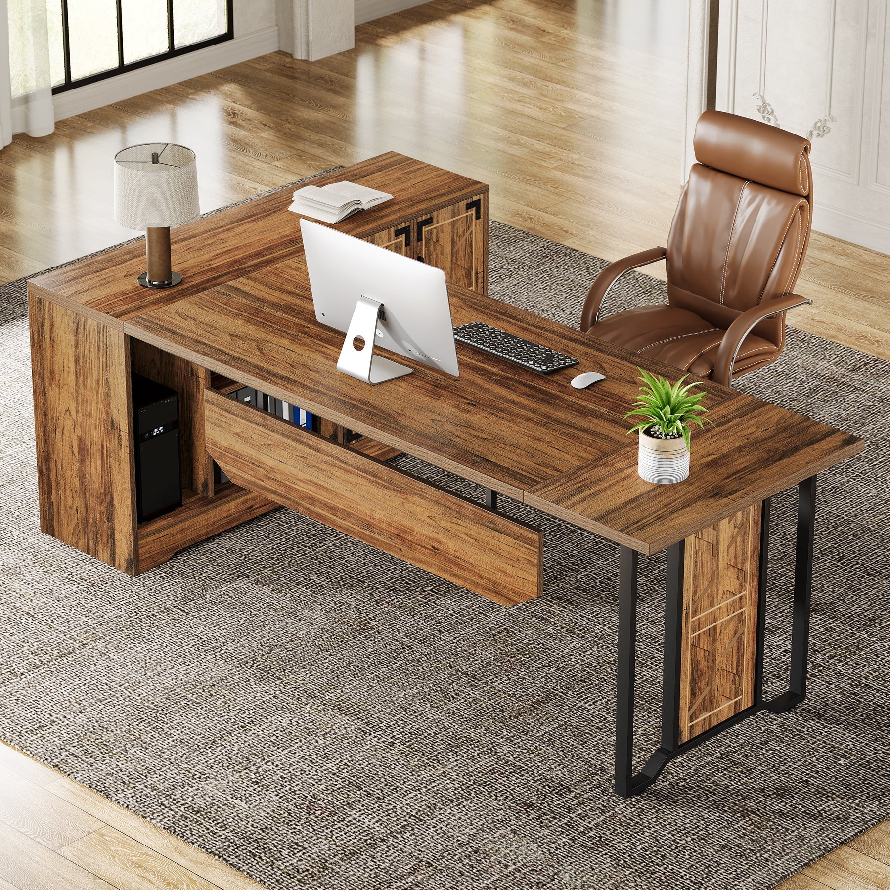 198 cm L-Shaped Executive Desk, Farmhouse Reversible Computer Desk with Cabinet