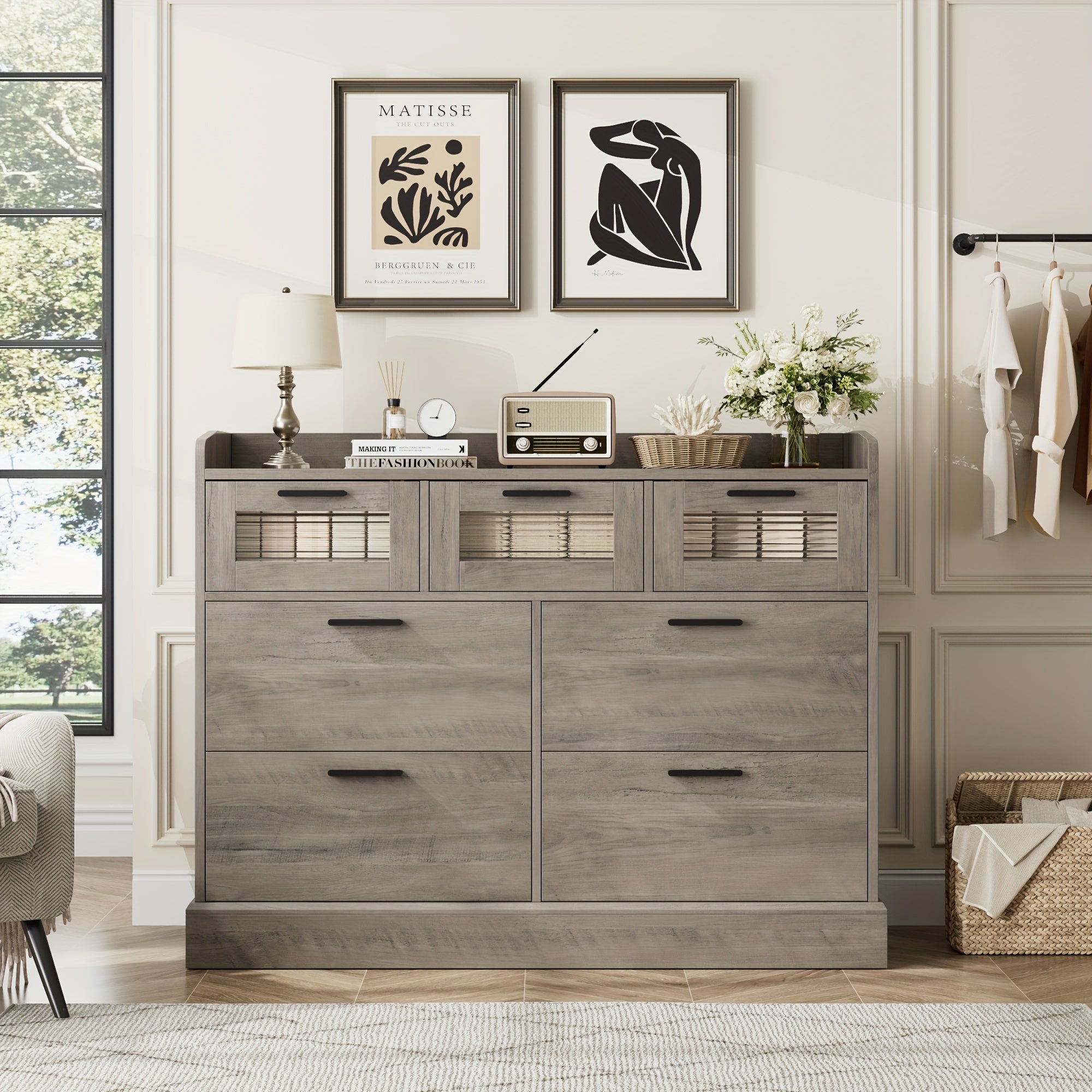 Modern 6 Drawer Dresser For Bedroom, Double Wide Chest Of Drawers With Storage, Tall Dresser With Metal Handle & Fluted Glass, Wood Console Cabinet With Fence For Living Room, Entryway, Ash Gray, White, Black+Gold