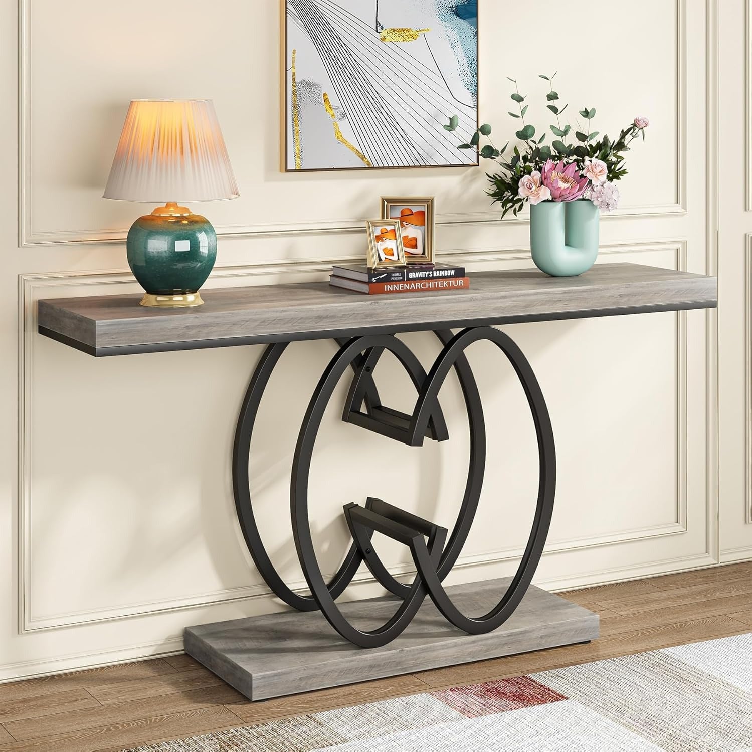 140 cm Console Table for Hallway, Faux Marble Golden Entryway Table with Geometric Metal Base, Modern Narrow Sofa Accent Table for Entrance, Living Room, Foyer (Gray)