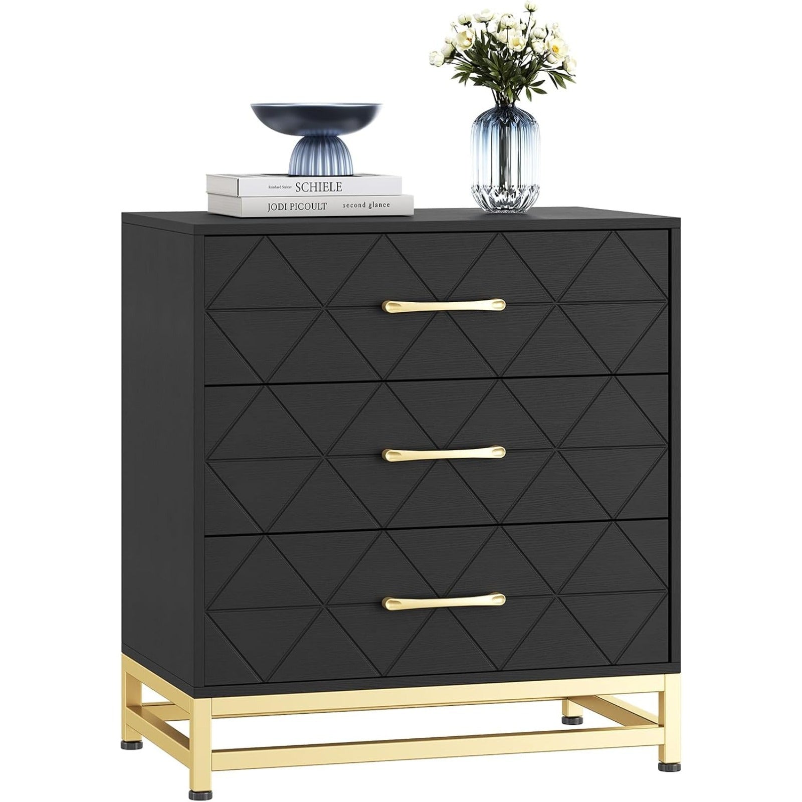 3 Drawer Dresser, Chest Drawers with Storage for Closet, Bedroom, Drawers Dresser Modern Bedside Nightstand with Gold Handles, Nightstand, small, storage cabinet, Black