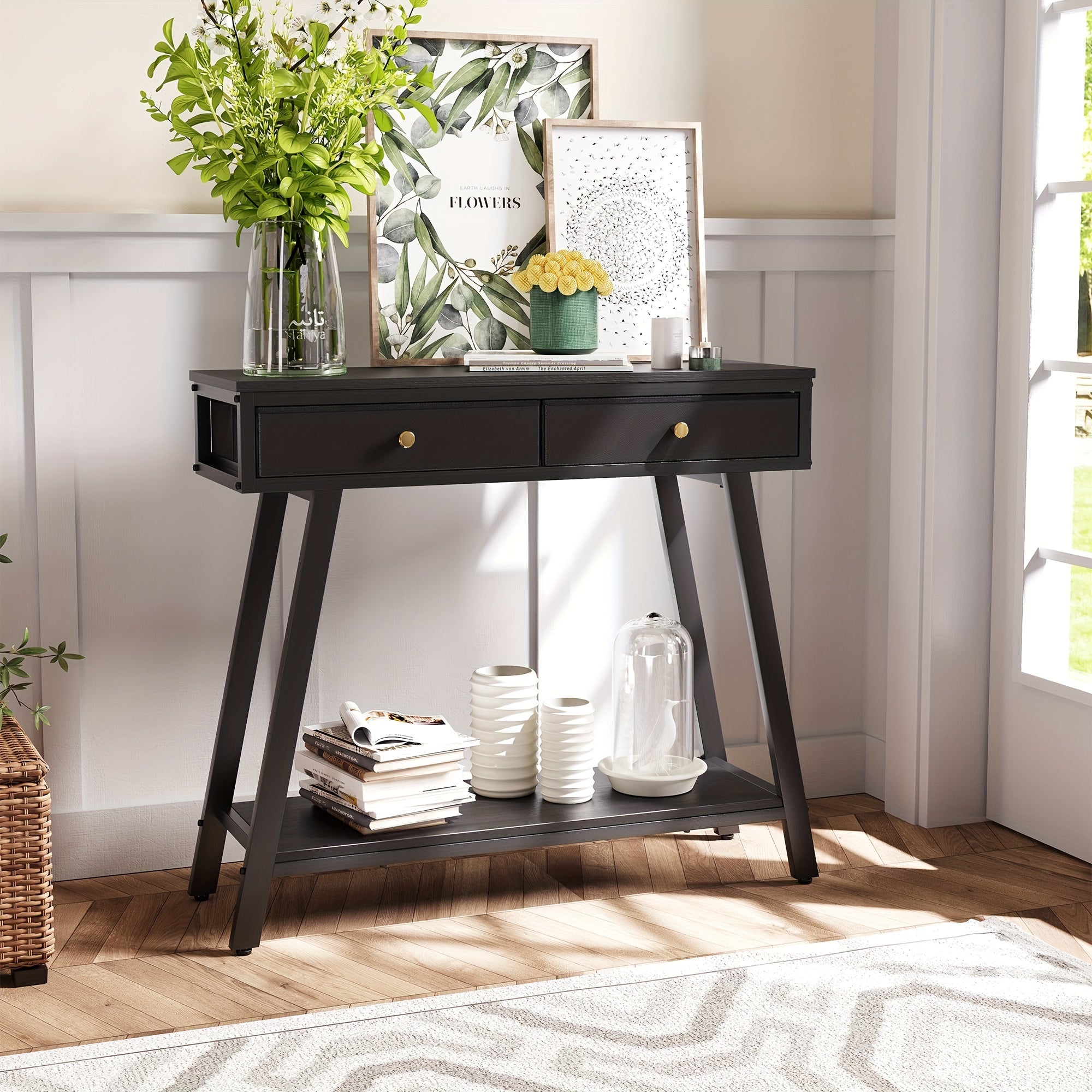 1pc Black 2-Tier Entryway Side Table, 2-Drawer Console Table (Dimensions in cm)