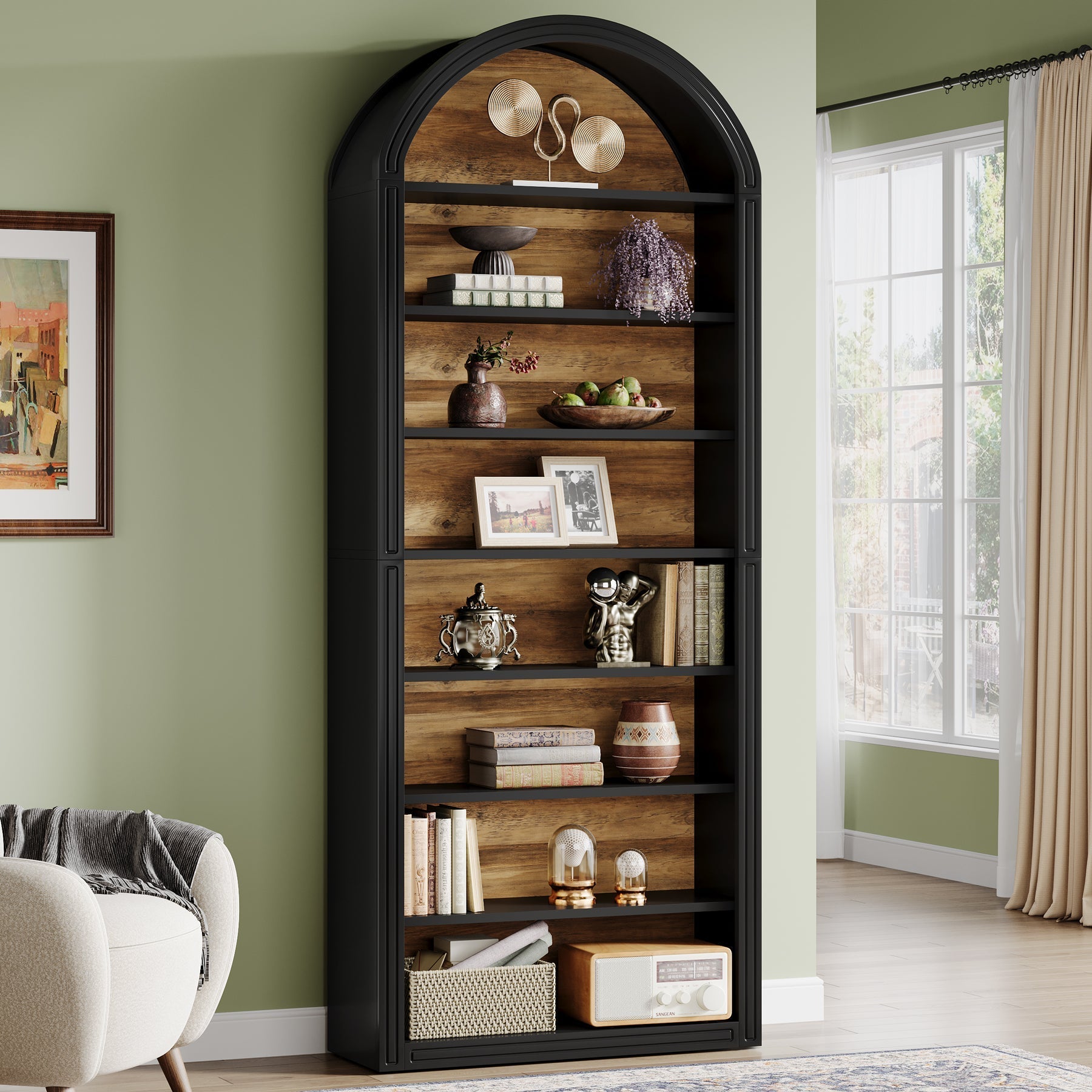 200 cm Bookshelf, Wooden Arched Bookcase Display Shelving Unit