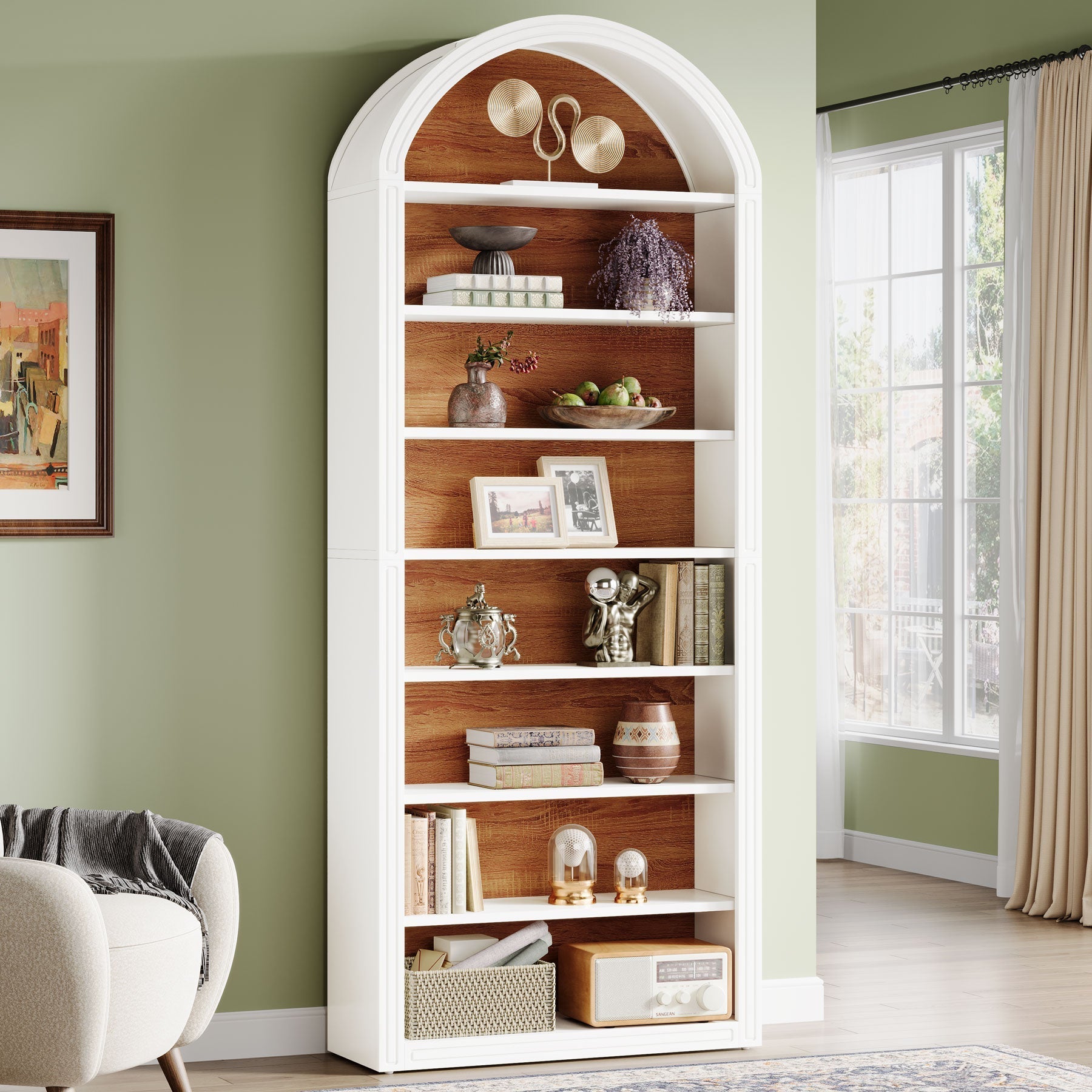 200 cm Bookshelf, Wooden Arched Bookcase Display Shelving Unit