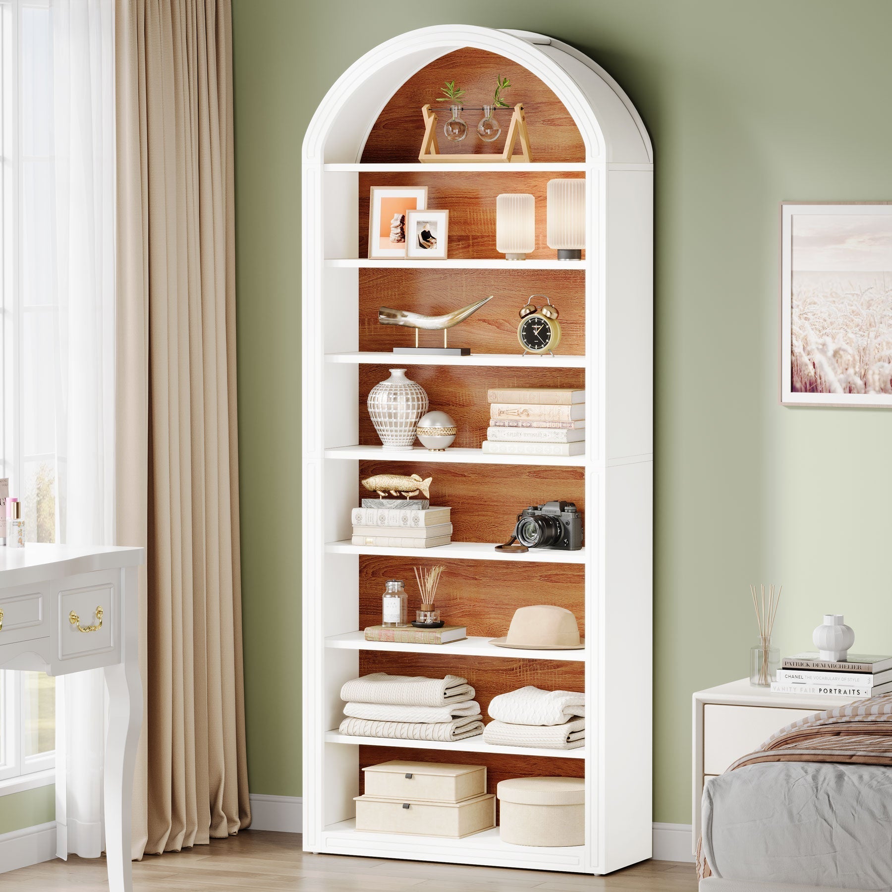 200 cm Bookshelf, Wooden Arched Bookcase Display Shelving Unit