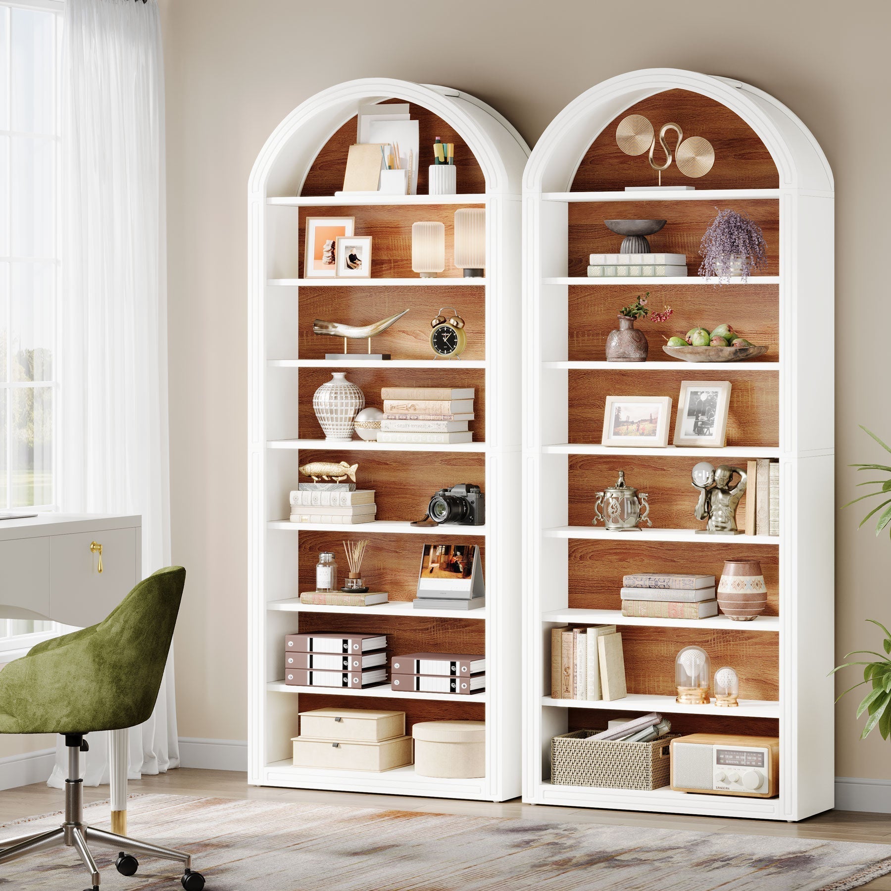 200 cm Bookshelf, Wooden Arched Bookcase Display Shelving Unit