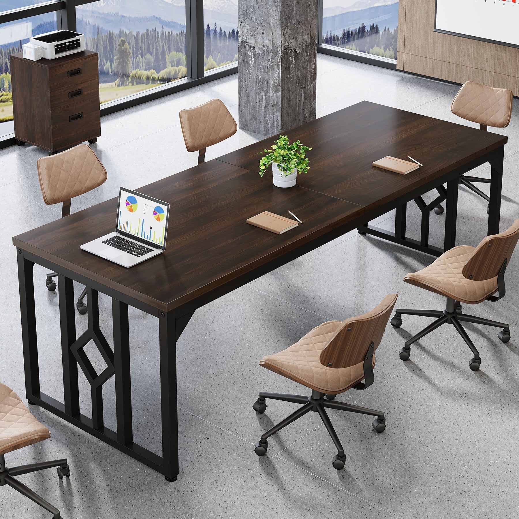 200 cm Conference Table, Large Meeting Room Table for 6-8 People with File Cabinet