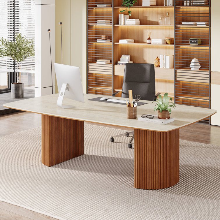 200 cm Executive Desk, Travertine Slab Computer Desk with Semi-Circular Base