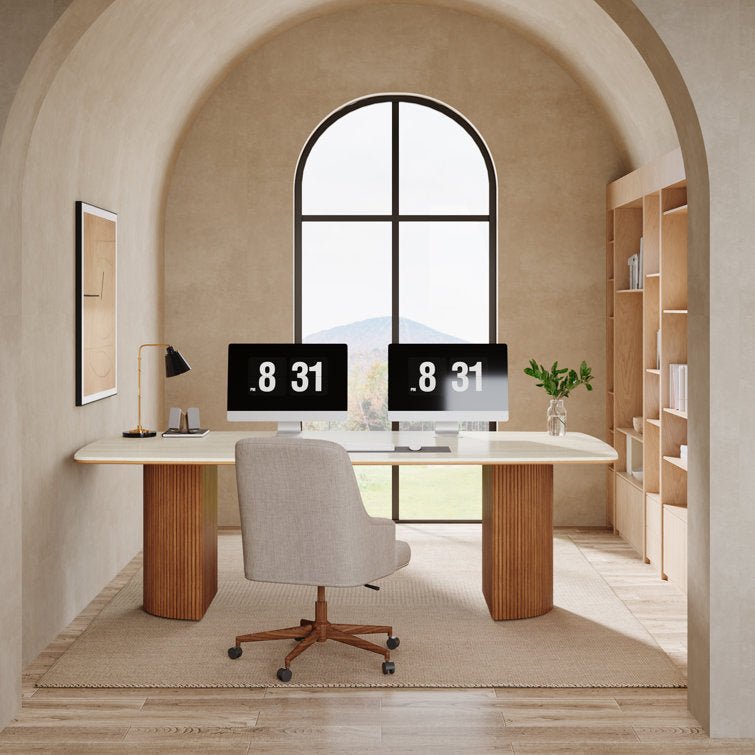 200 cm Executive Desk, Travertine Slab Computer Desk with Semi-Circular Base