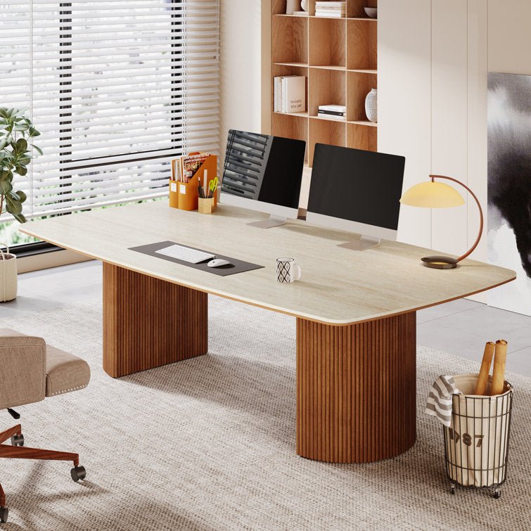 200 cm Executive Desk, Travertine Slab Computer Desk with Semi-Circular Base