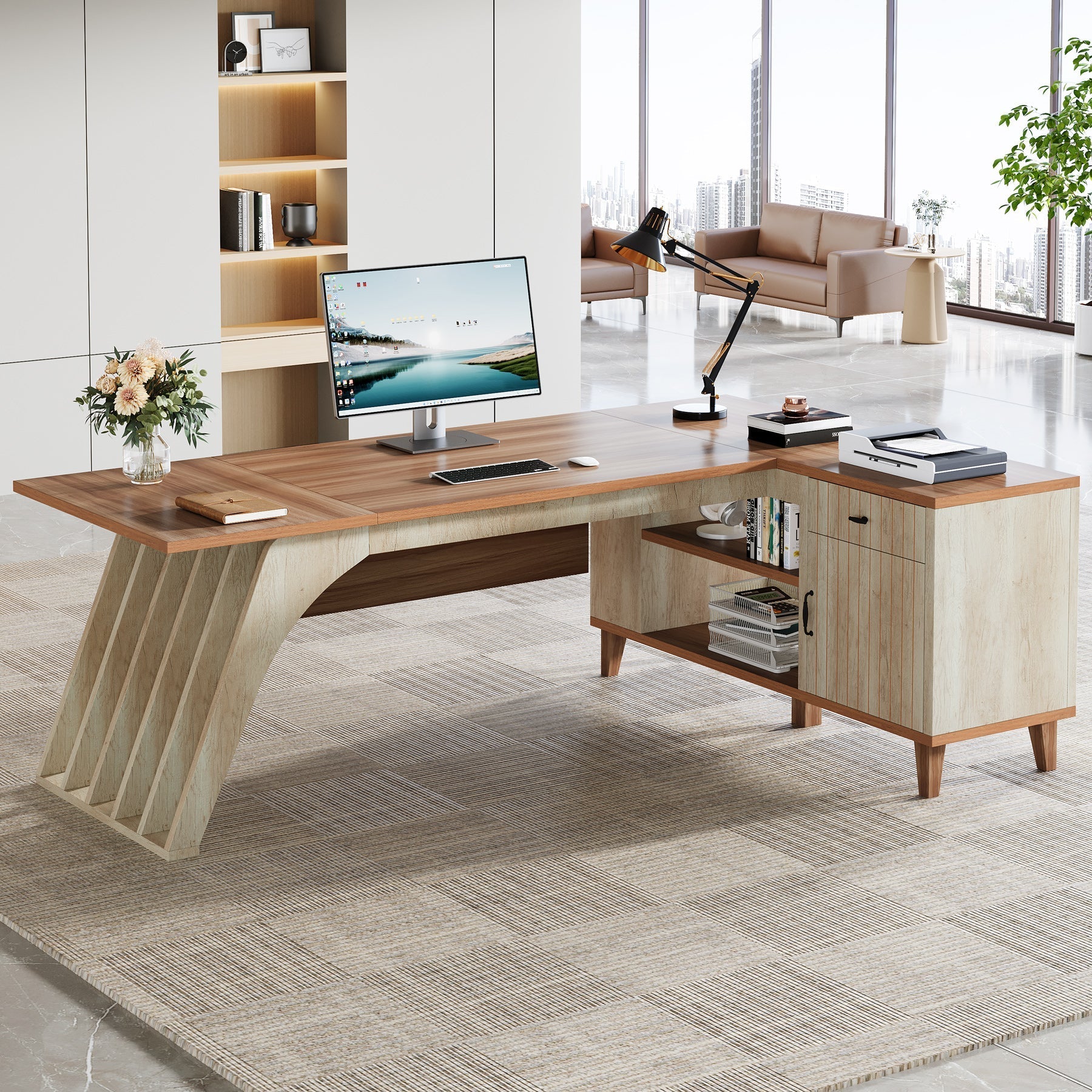 200 cm L-Shaped Executive Desk, Computer Desk Office Desk with File Cabinet