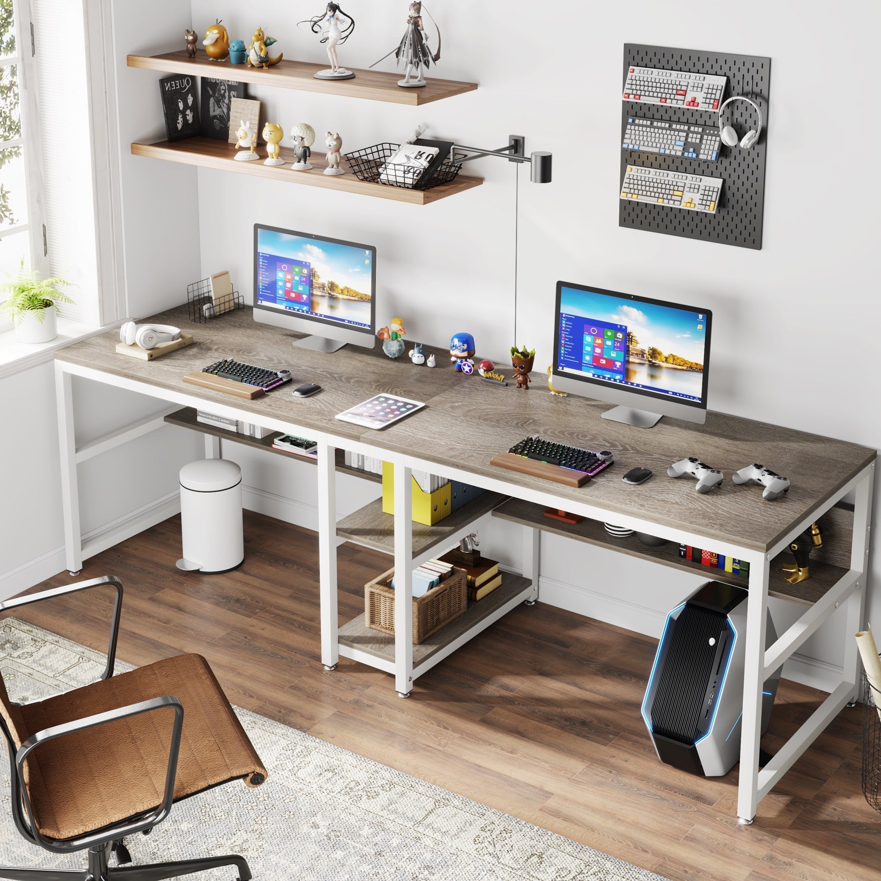 200 cm Two Person Desk, Computer Desk Double Workstation with Shelves