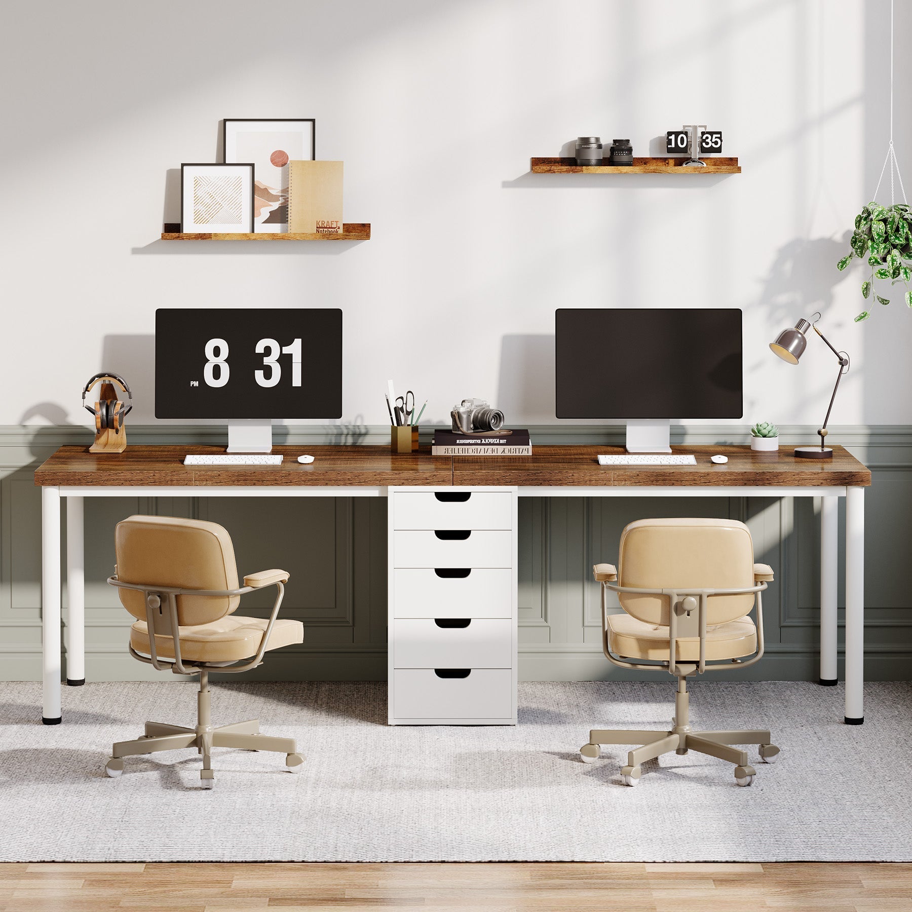 200 cm Two Person Desk, Long Computer Desk with 5 Drawers