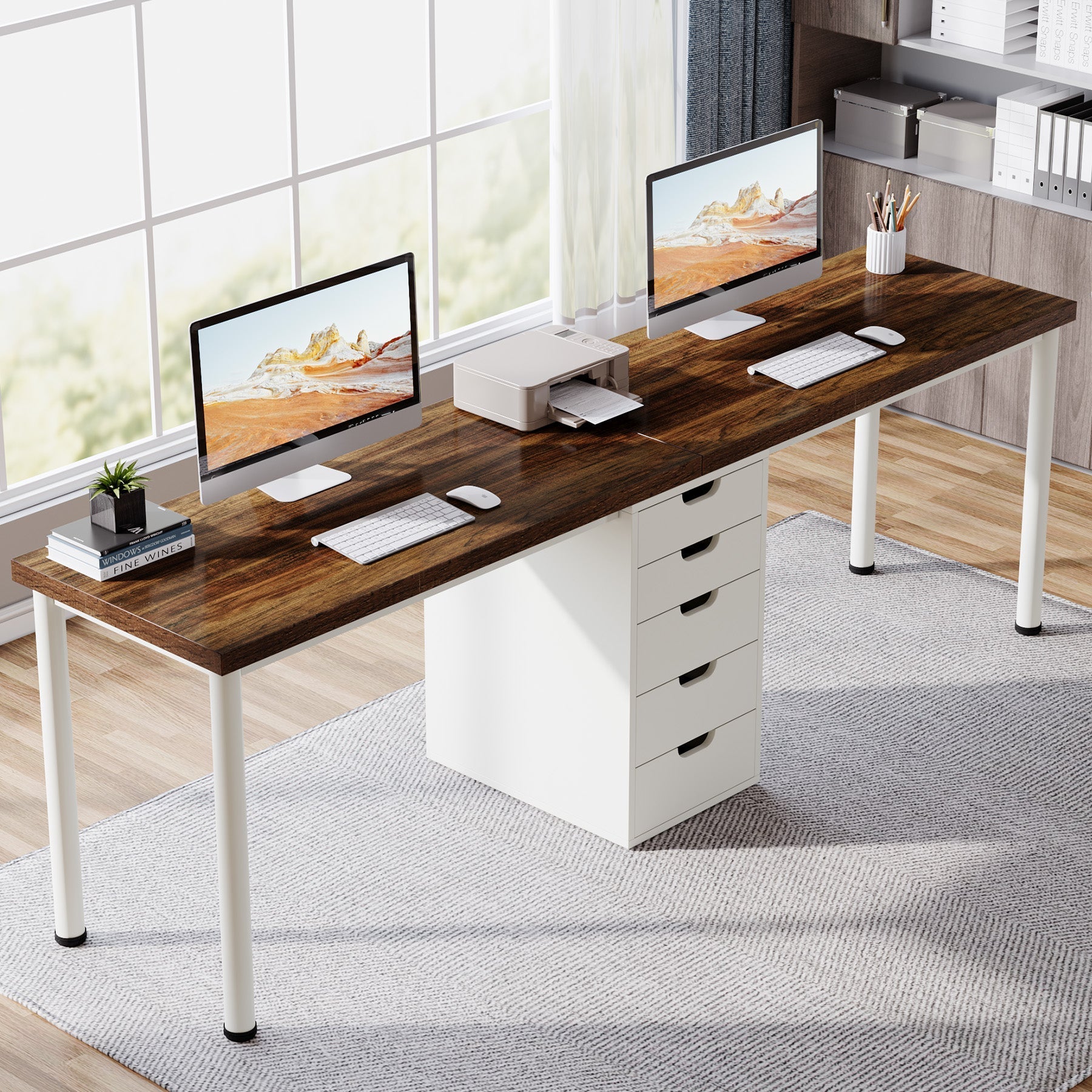 200 cm Two Person Desk, Long Computer Desk with 5 Drawers