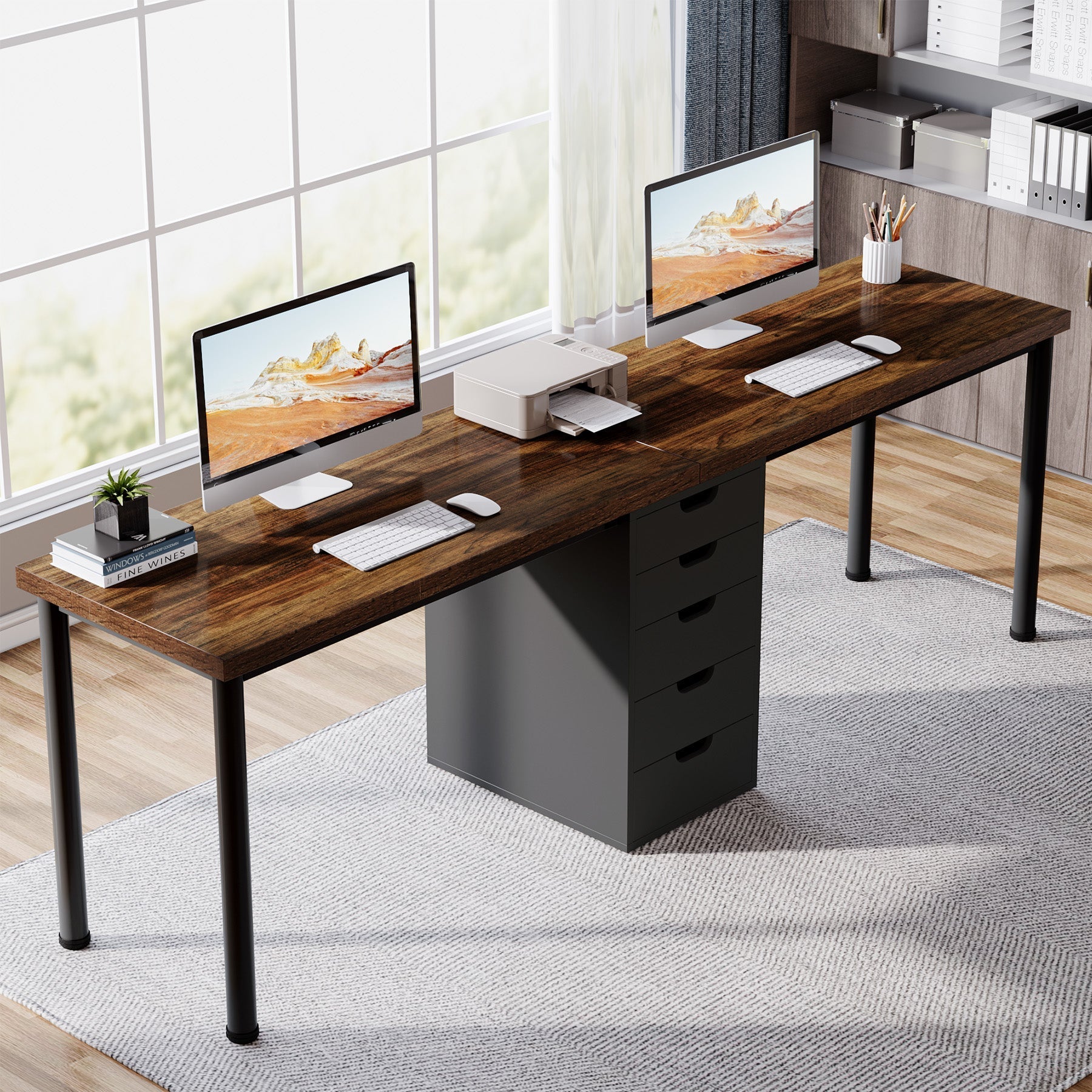 200 cm Two Person Desk, Long Computer Desk with 5 Drawers