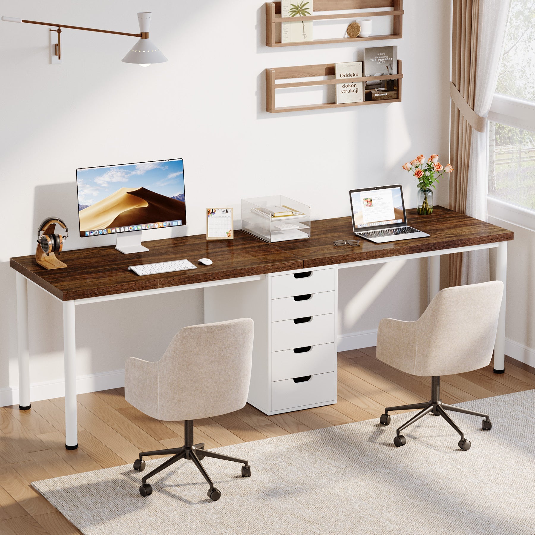 200 cm Two Person Desk, Long Computer Desk with 5 Drawers