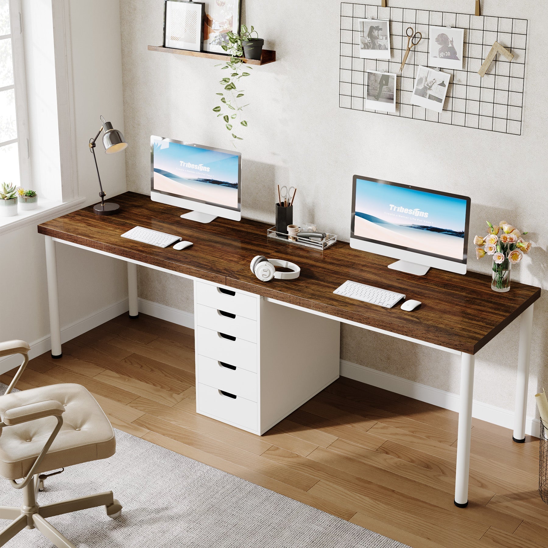 200 cm Two Person Desk, Long Computer Desk with 5 Drawers