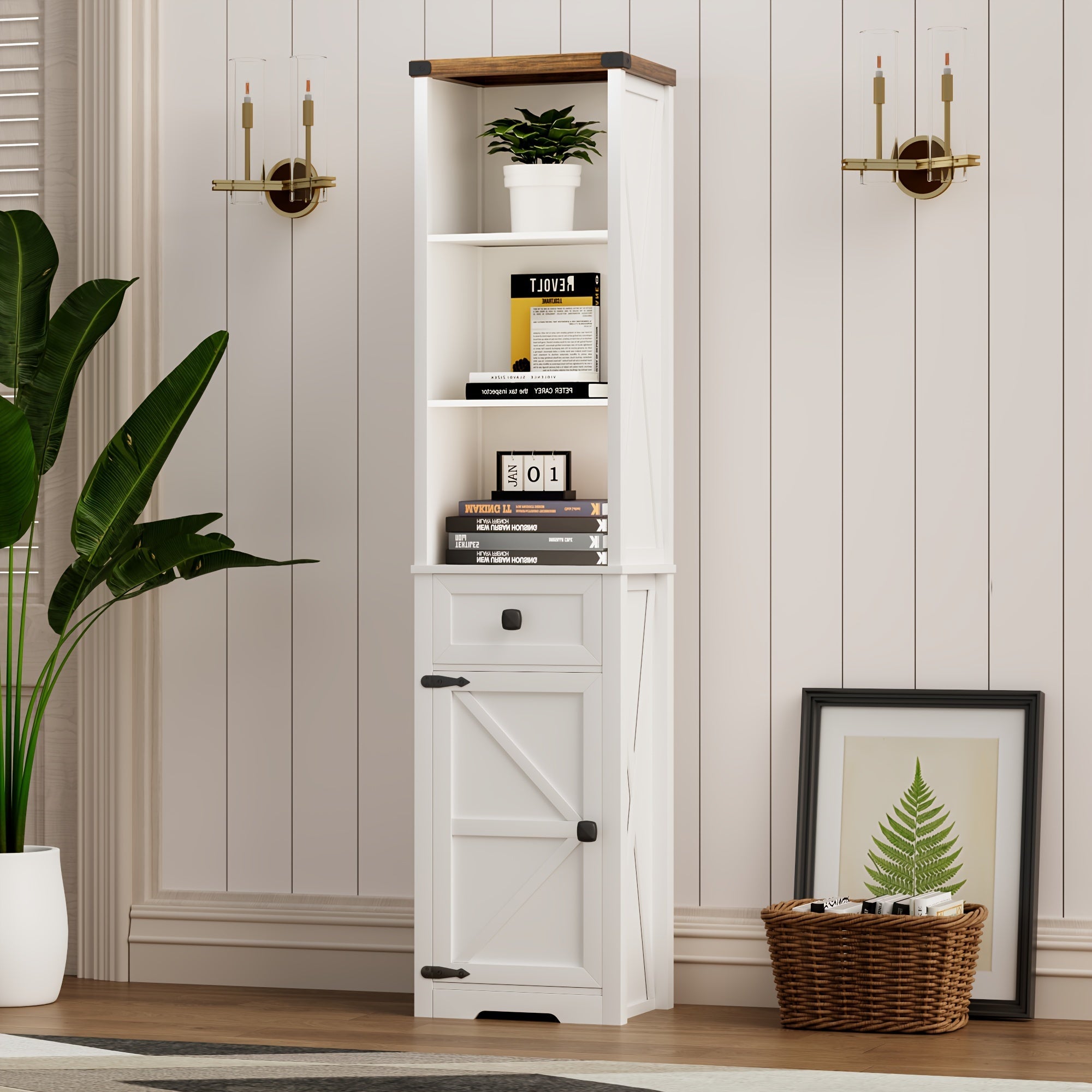 Furniture White Tall Narrow Bookshelf With Doors & Shelves & Drawer, Farmhouse Vintage Bookcases With Storage Cabinet, 16" W X 63" H X 12" D Wooden Book Case Display For Bedroom, Living Room, White