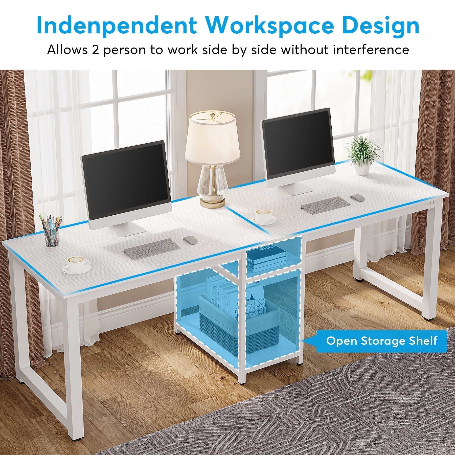 200 cm Two Person Desk, Double Computer Desk with Storage Shelves