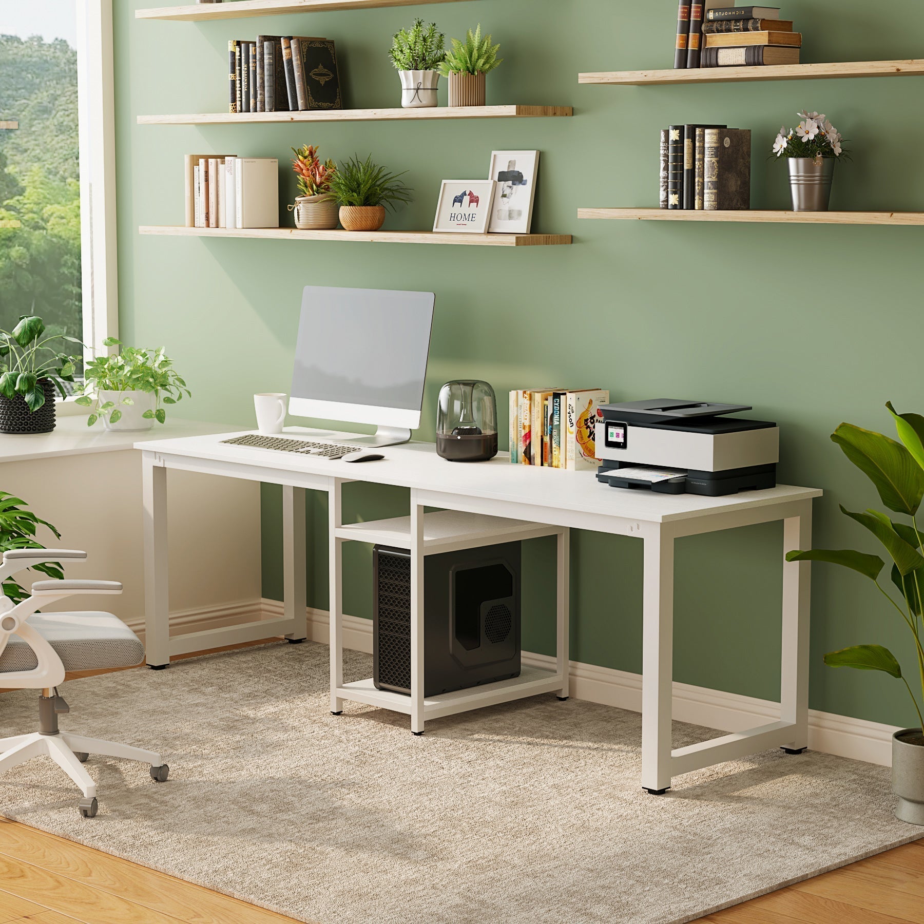 200 cm Two Person Desk, Double Computer Desk with Storage Shelves