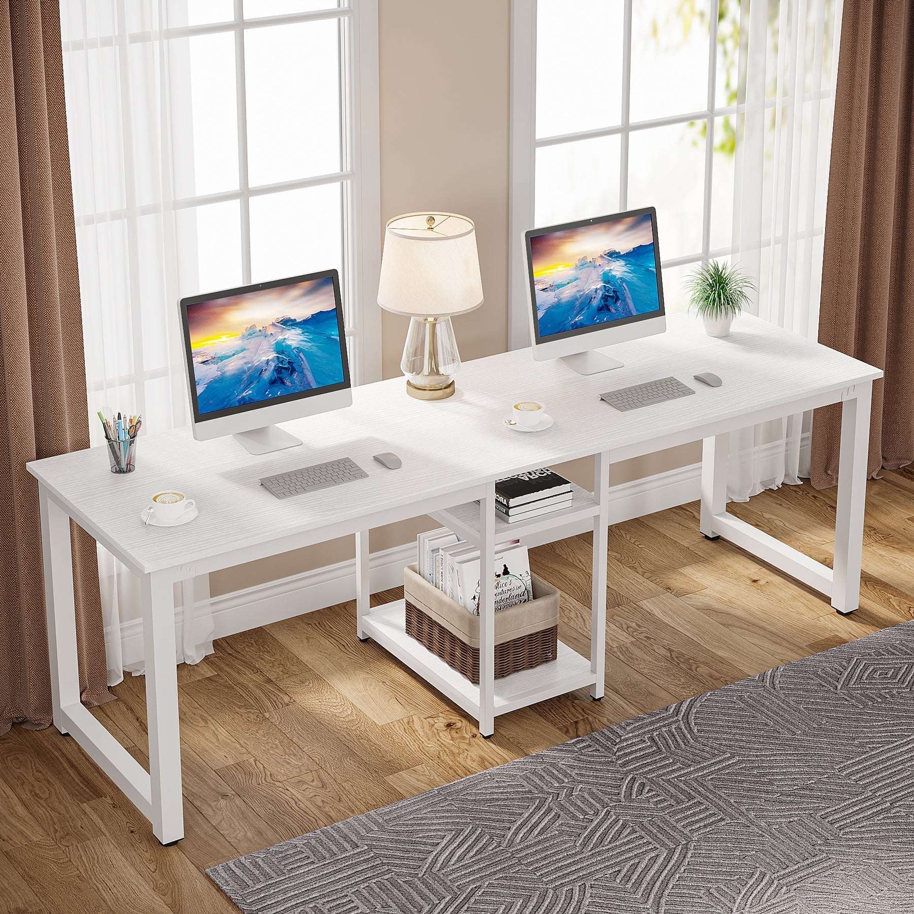 200 cm Two Person Desk, Double Computer Desk with Storage Shelves