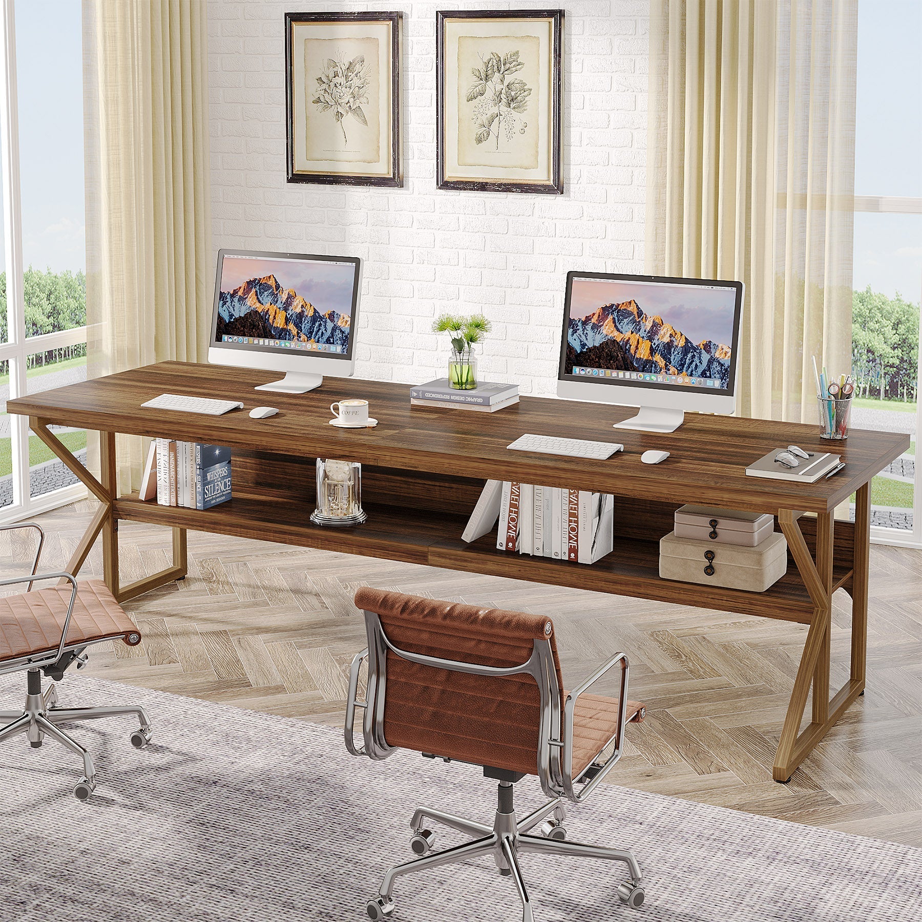 200 cm Two Person Desk, Large Computer Desk with Storage Shelf