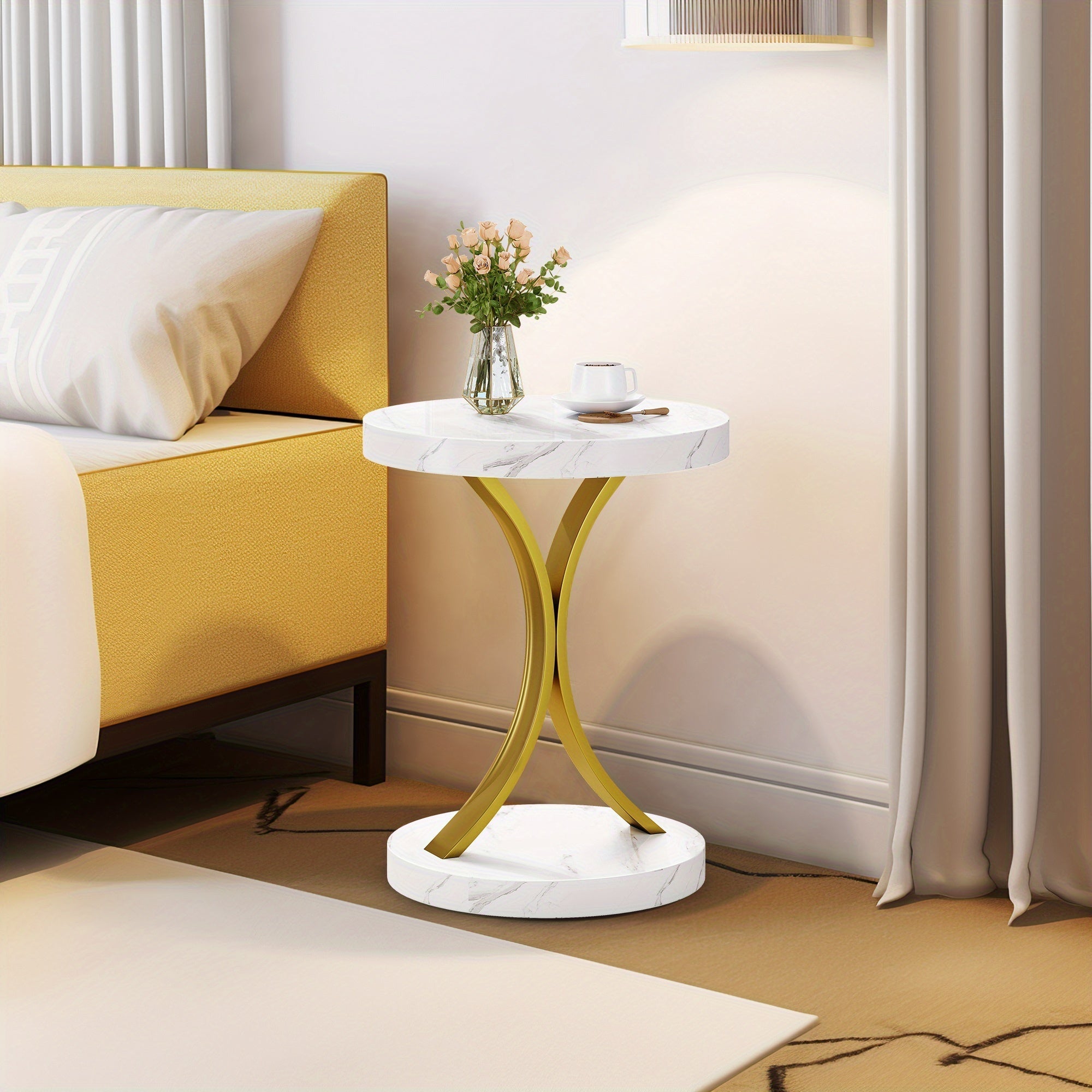 Contemporary Gold Side Table with Faux Marble Tabletop for Living Space