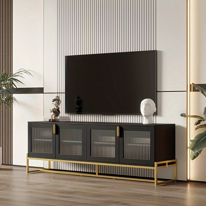 Black 180cm inch TV cabinet. Entertainment center with shelves, wooden TV media console with sturdy metal legs, for living room