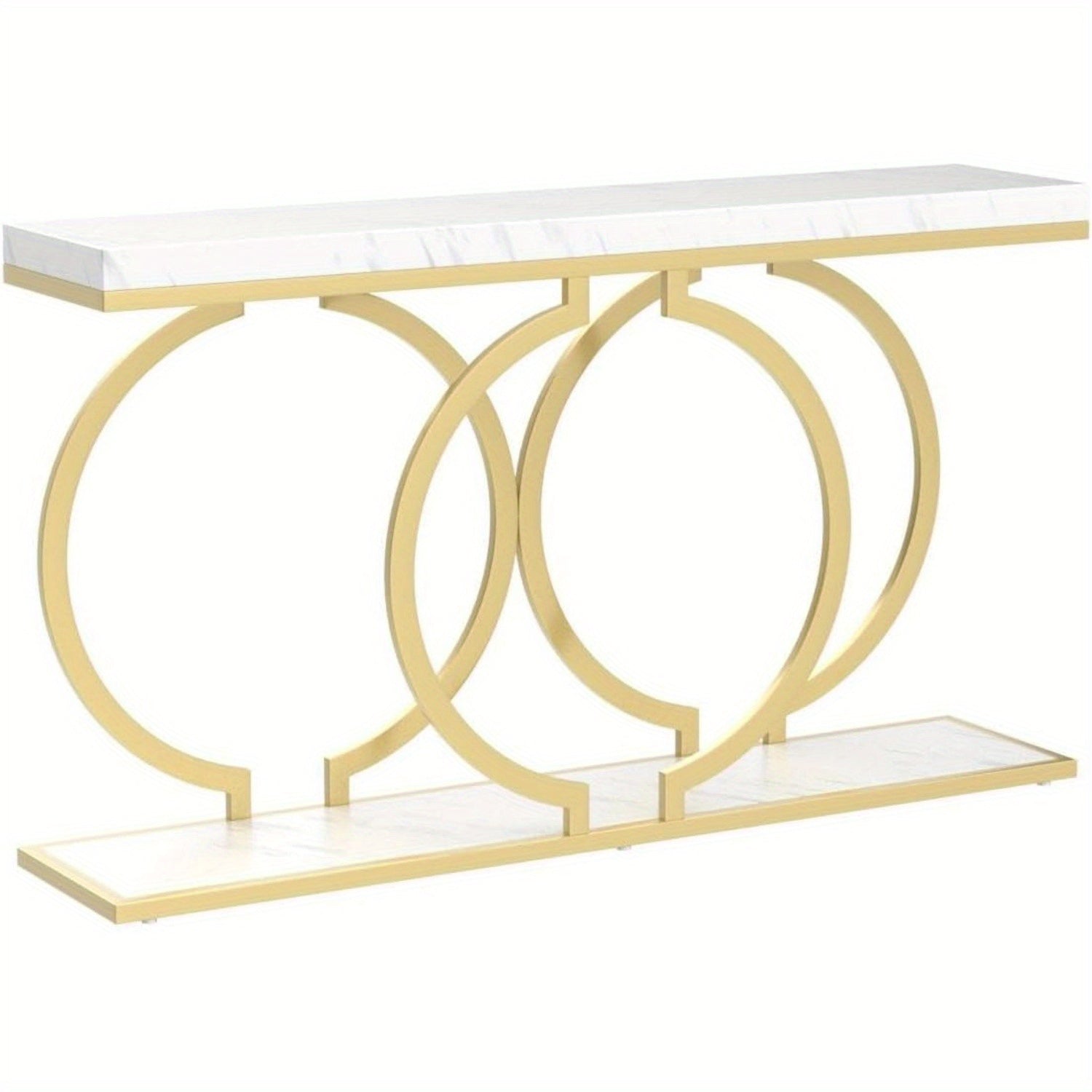 Golden Console Table, 140 cm Faux Marble Entryway Table Narrow Long Sofa Table, Modern Accent Table for Living Room, Entrance Table Geometric Metal Frame