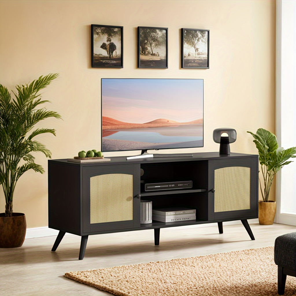 Rattan TV Stand For 60 Inch TV, Mid Century Modern Entertainment Center With Natural Rattan Door, Boho Media TV Console For Living Room