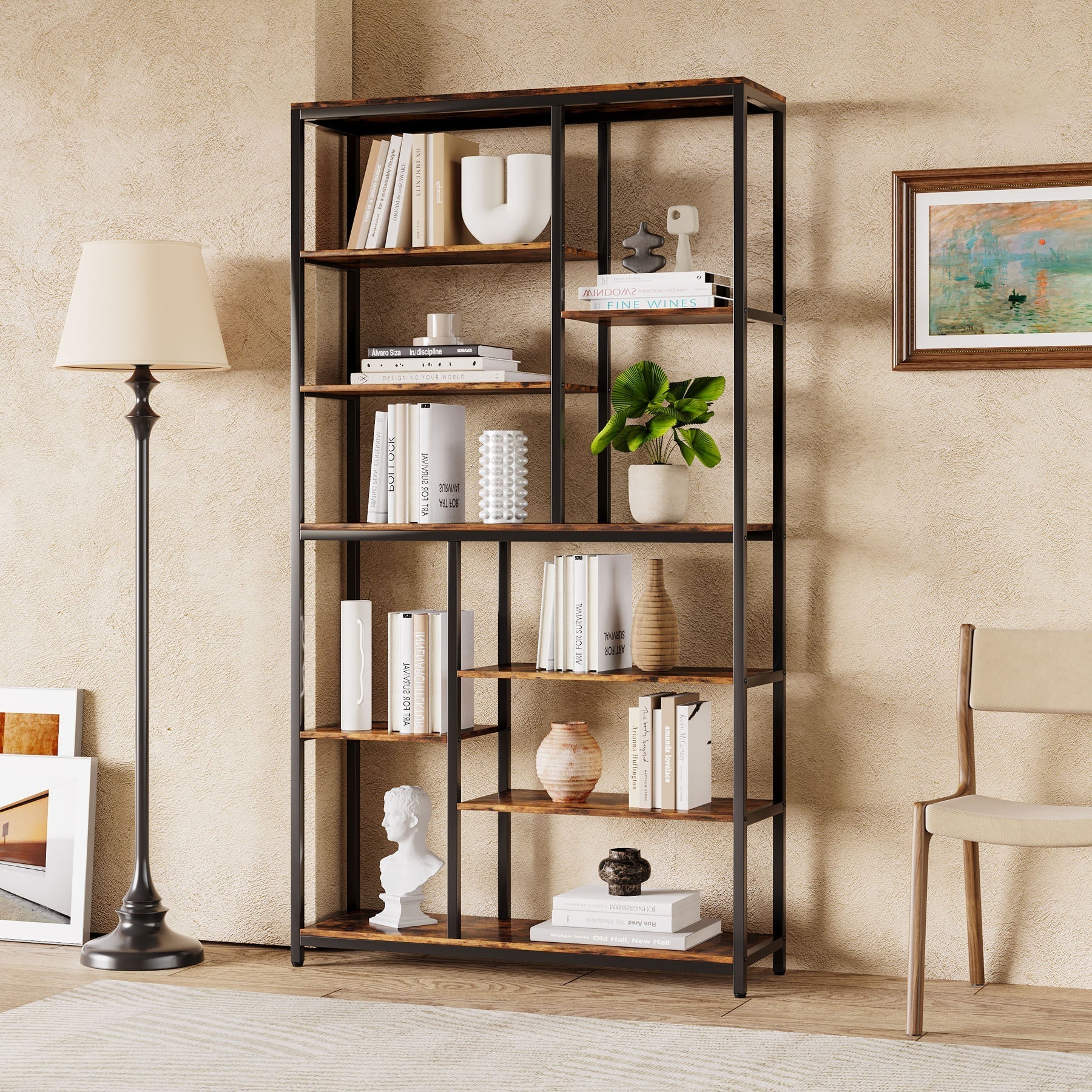 200 cm Tall Bookshelf, 8-Tier Staggered Etagere Bookcase Shelving Unit