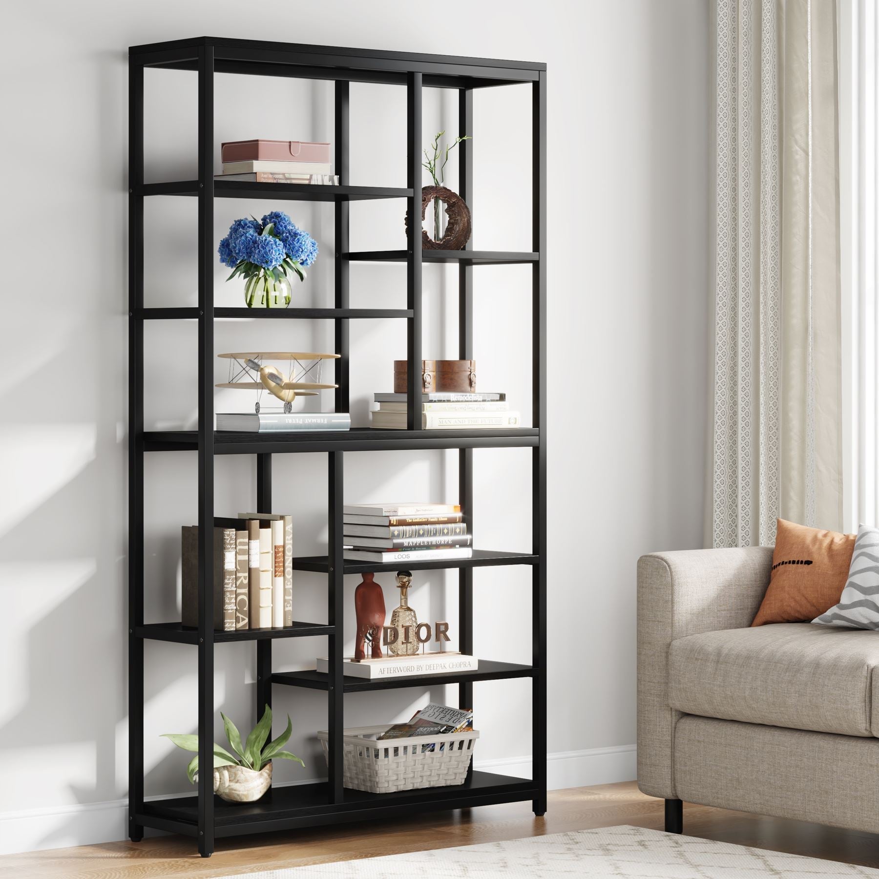 200 cm Tall Bookshelf, 8-Tier Staggered Etagere Bookcase Shelving Unit