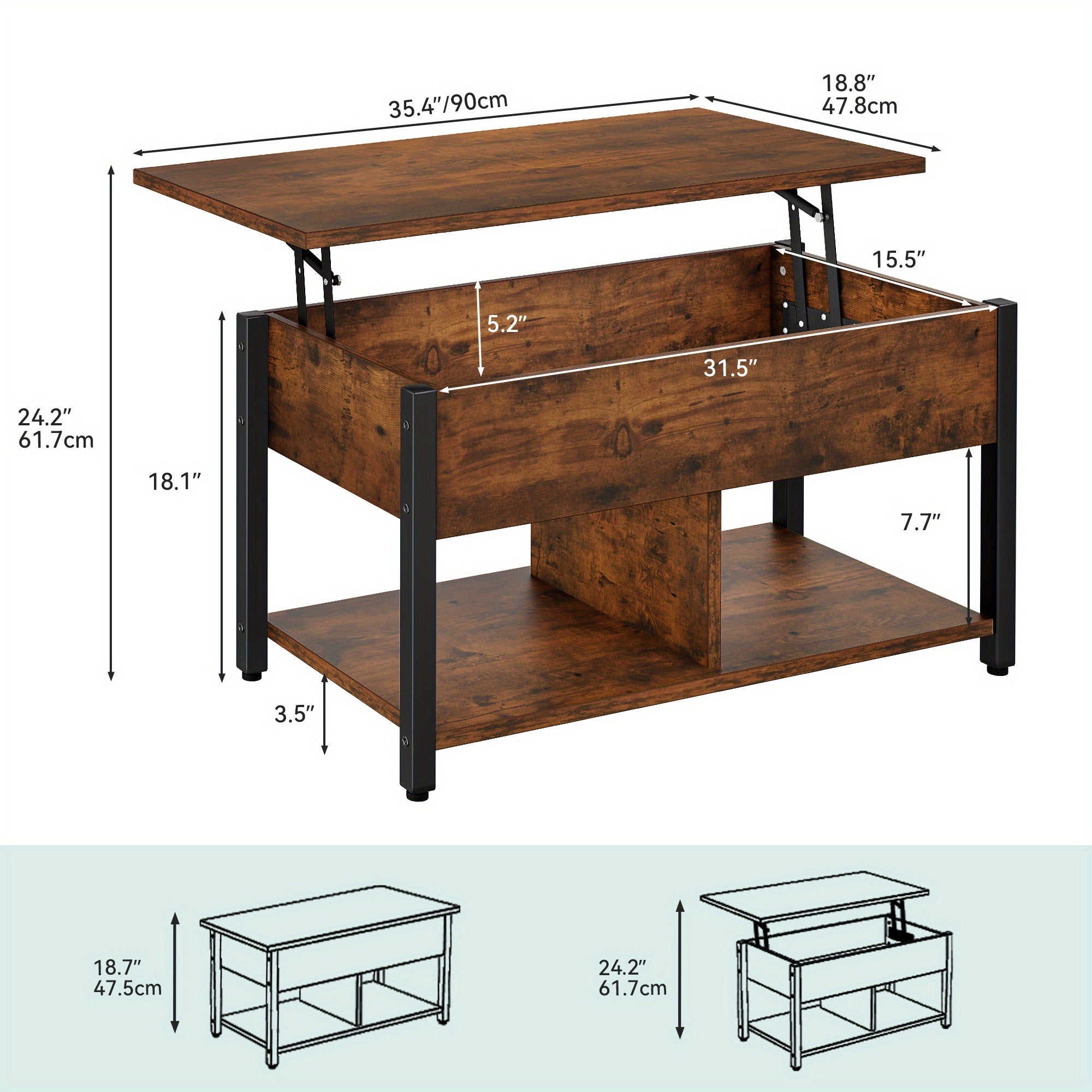 Rustic Brown Lift-Top Coffee Table with Large Hidden Storage - Versatile Wood & Metal Center Table for Living Room and Office