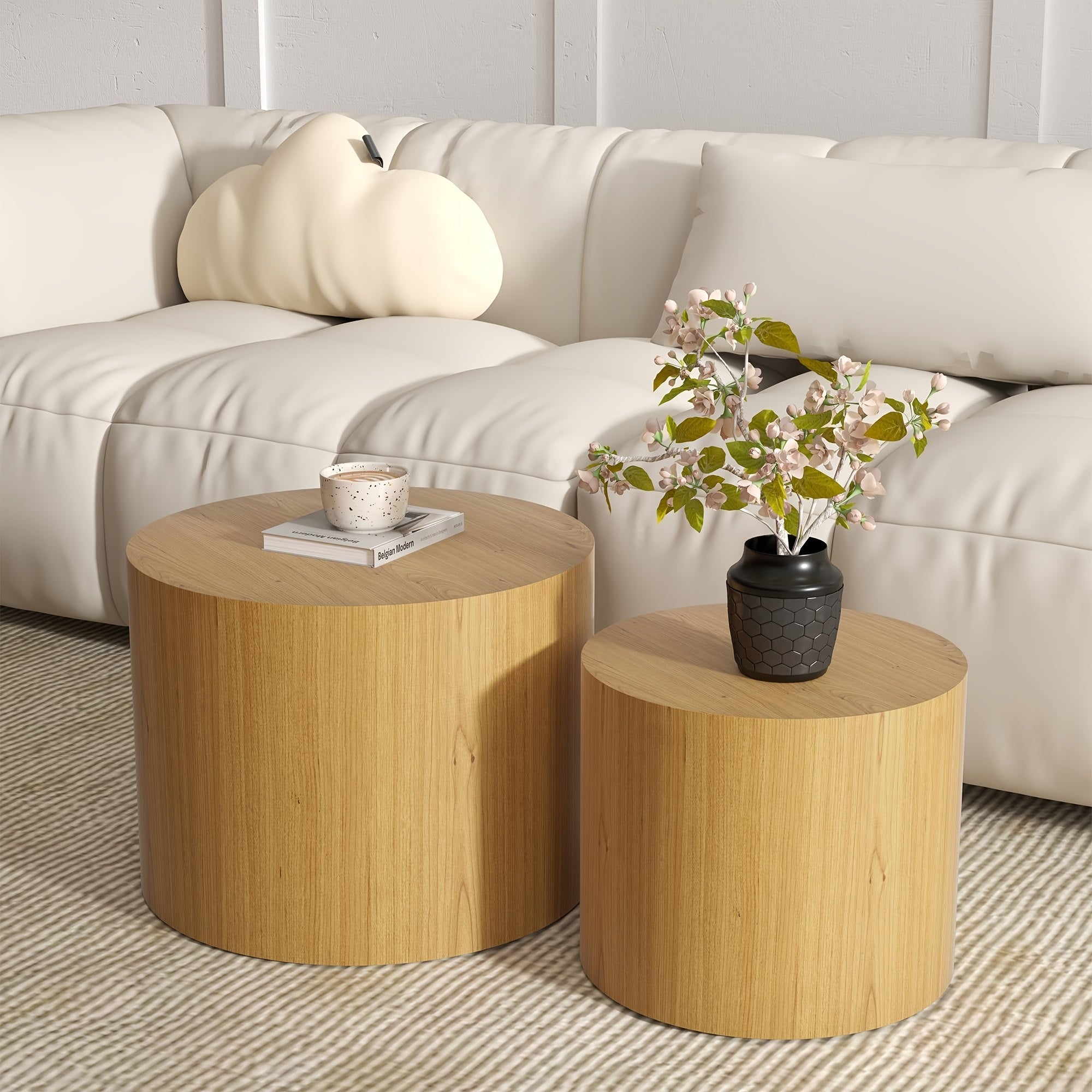 50cm Round Wooden Coffee Tables, Modern Nesting Coffee Table Set of 2, Indoor Side Table for Small Spaces Living Room, Bedroom, Balcony, Office (Wood Color)