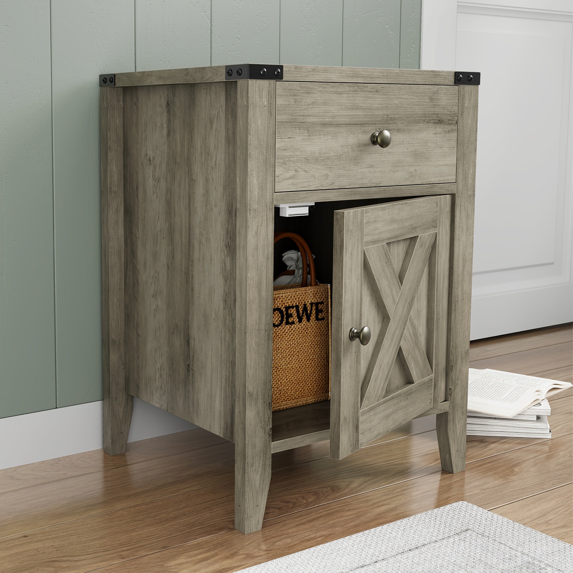 Farmhouse Nightstand with Drawer and Storage Cabinet, End Side Table for Bedroom