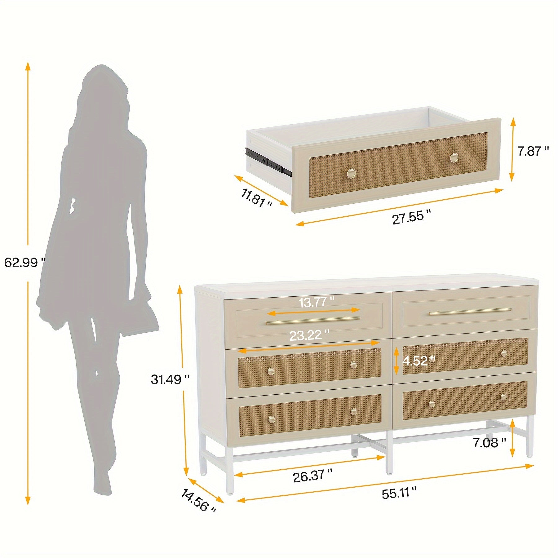 Modern  6 Drawer Dresser, Rattan Dresser for Bedroom, Long Double Dresser Wood Storage Organizer Chest of Drawer for  Living Room