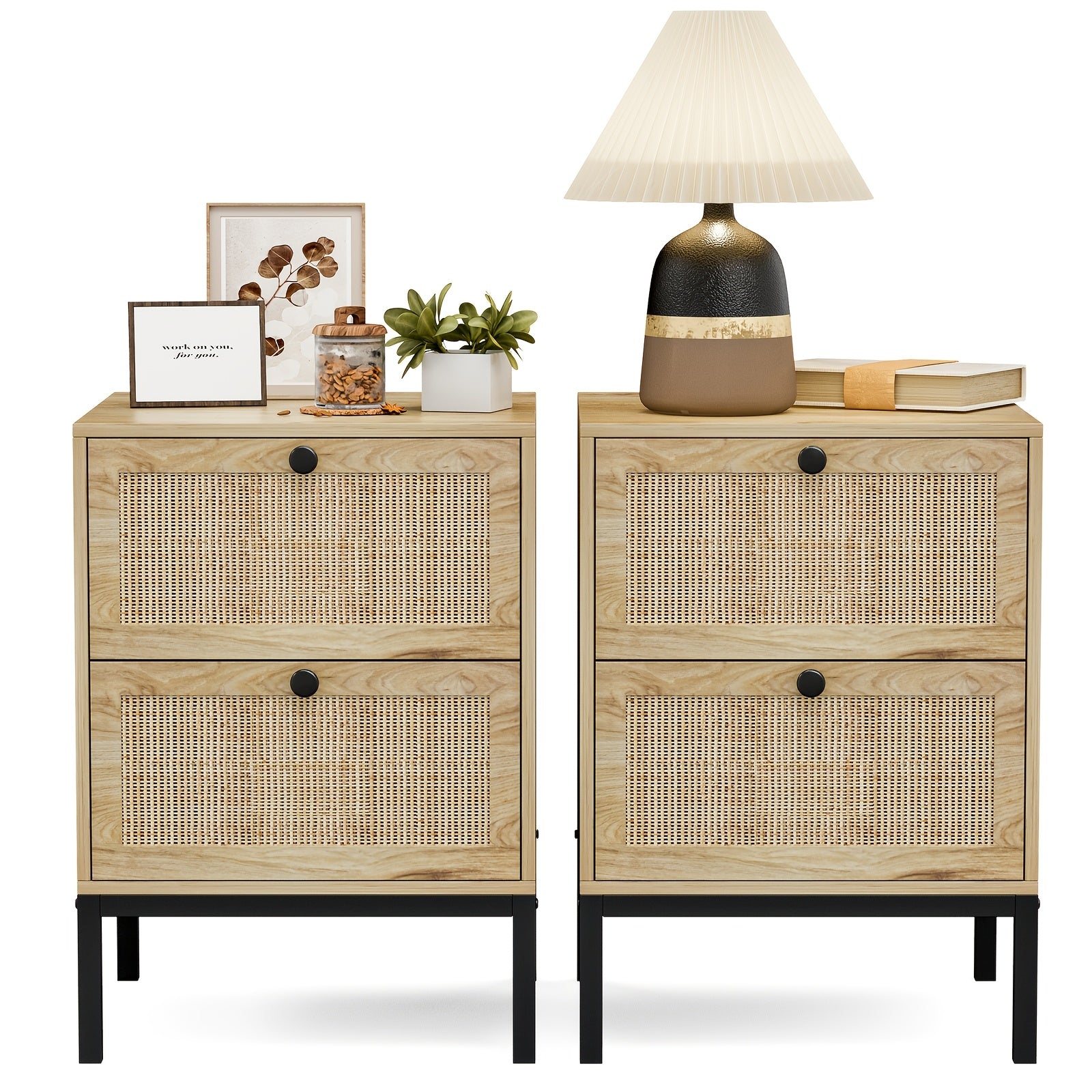 Set Of 2 Rattan Bedside Tables With 2 Natural Rattan Drawers, Used For Storage In Bedrooms And Living Rooms - Black/Natural/White