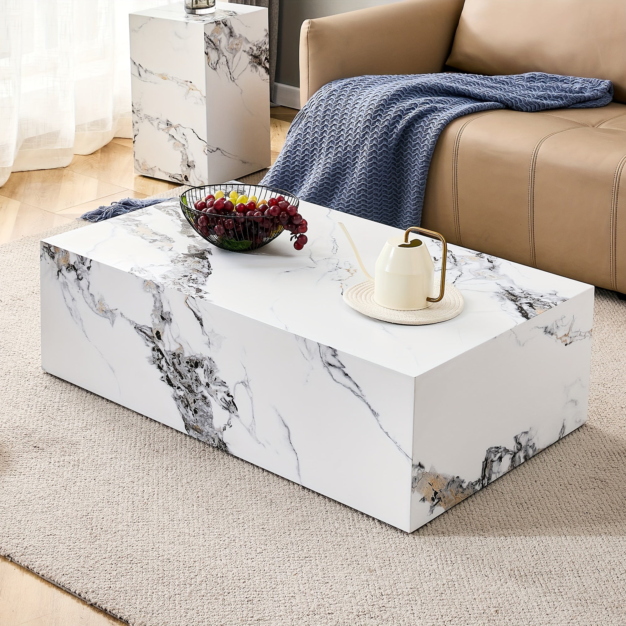 102cm Modern Coffee Table With Marble Pattern, Tea Table With Stylish And Durable Design For Living Room, Dining Room And Bedroom (White).