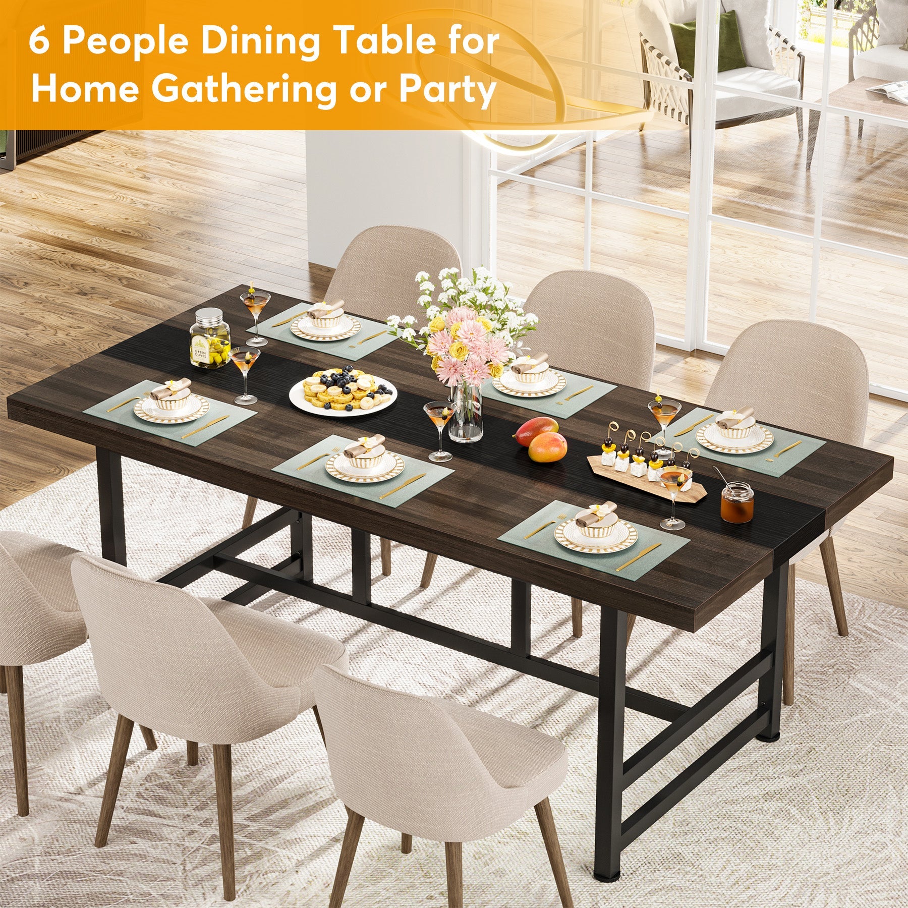 Dining Table for 6 People, 178 cm Home & Kitchen Table with Metal Frame