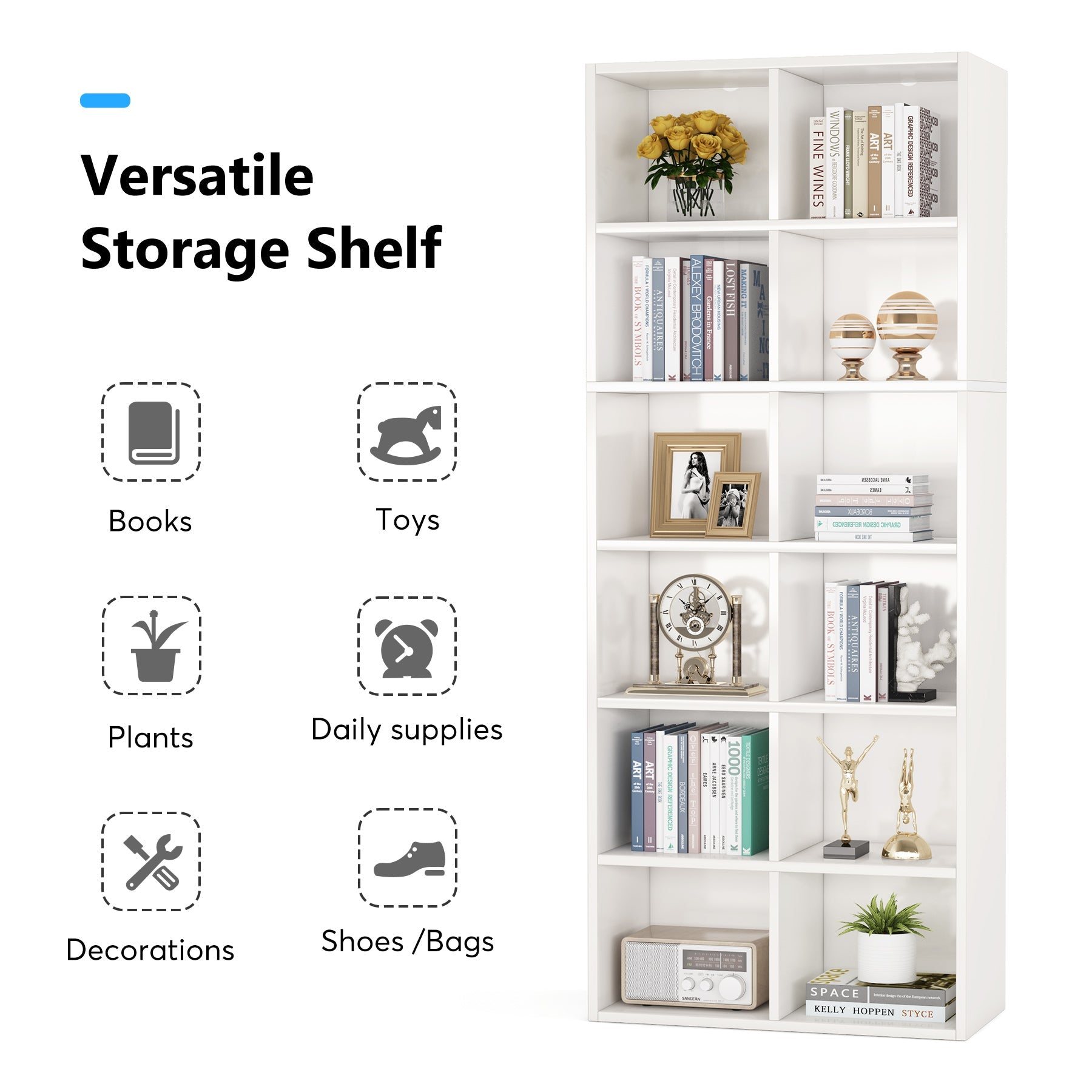 180 cm Bookcase, Modern Bookshelf with 12 Cube Storage