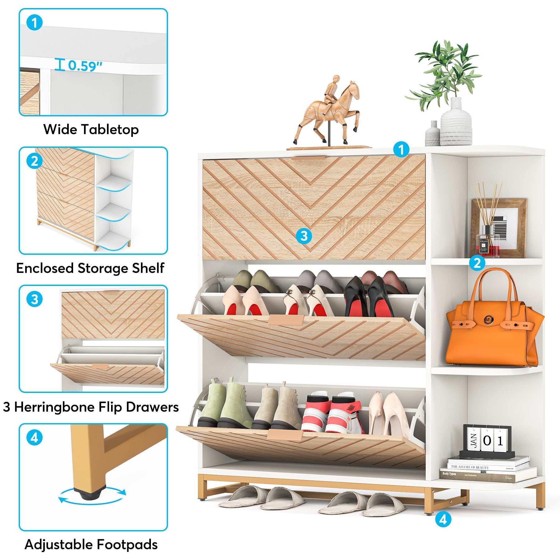 Modern Shoe Cabinet, Shoe Organizer with 3 Flip Drawers & Open Shelves (in cm)