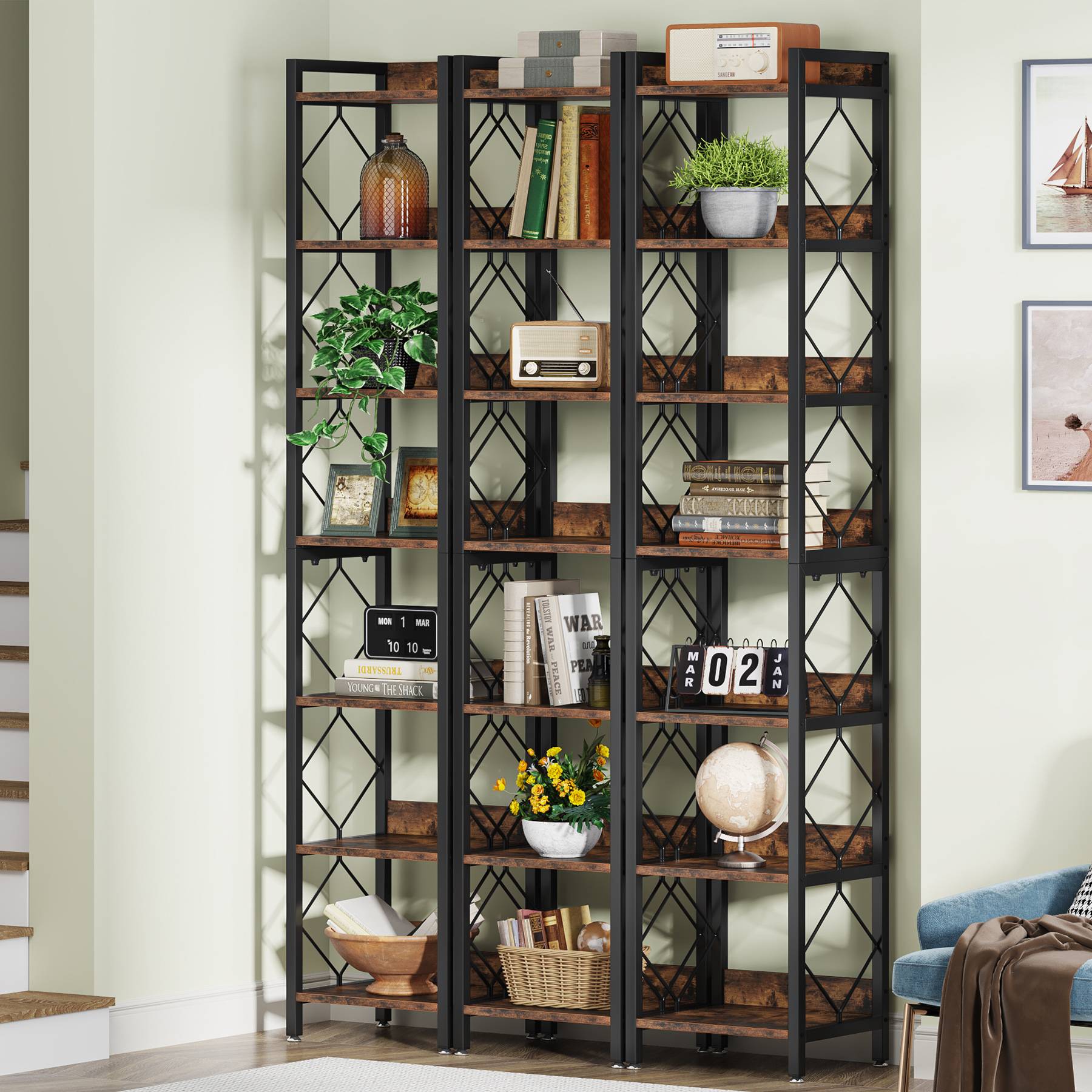 7-Tier Corner Shelf, 200 cm Narrow Bookshelf Corner Bookcase