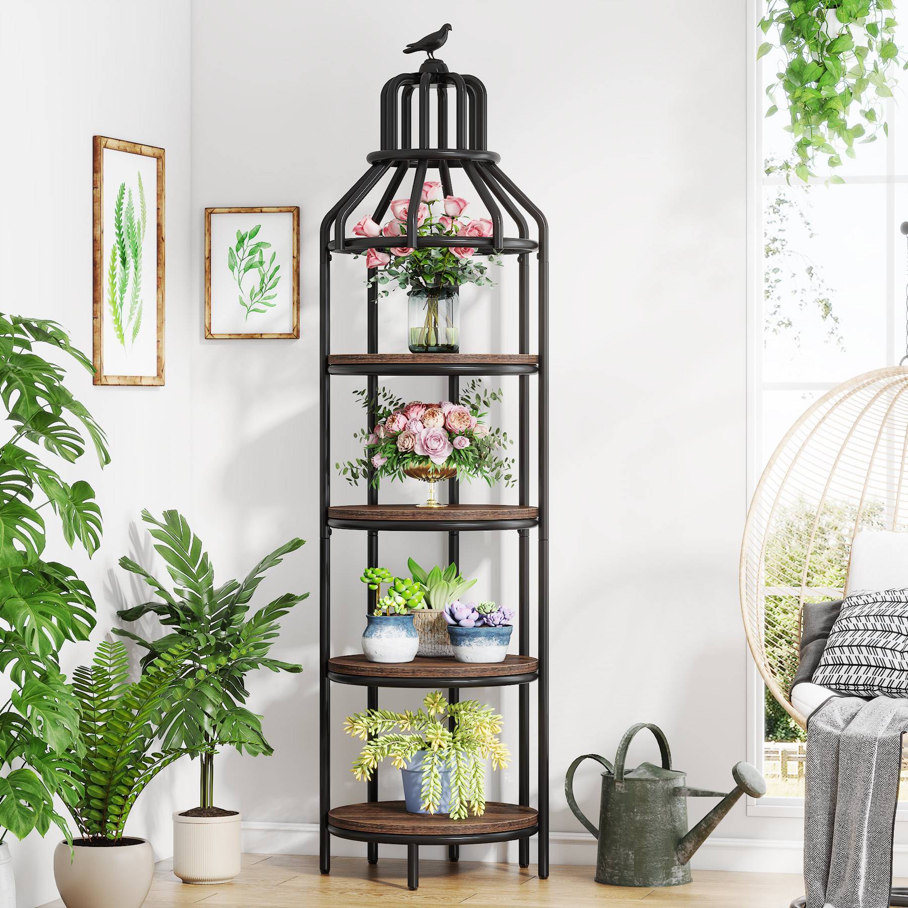 Industrial Bookshelf, 4-Tier Etagere Bookcase with Bird Cage Design (cm)