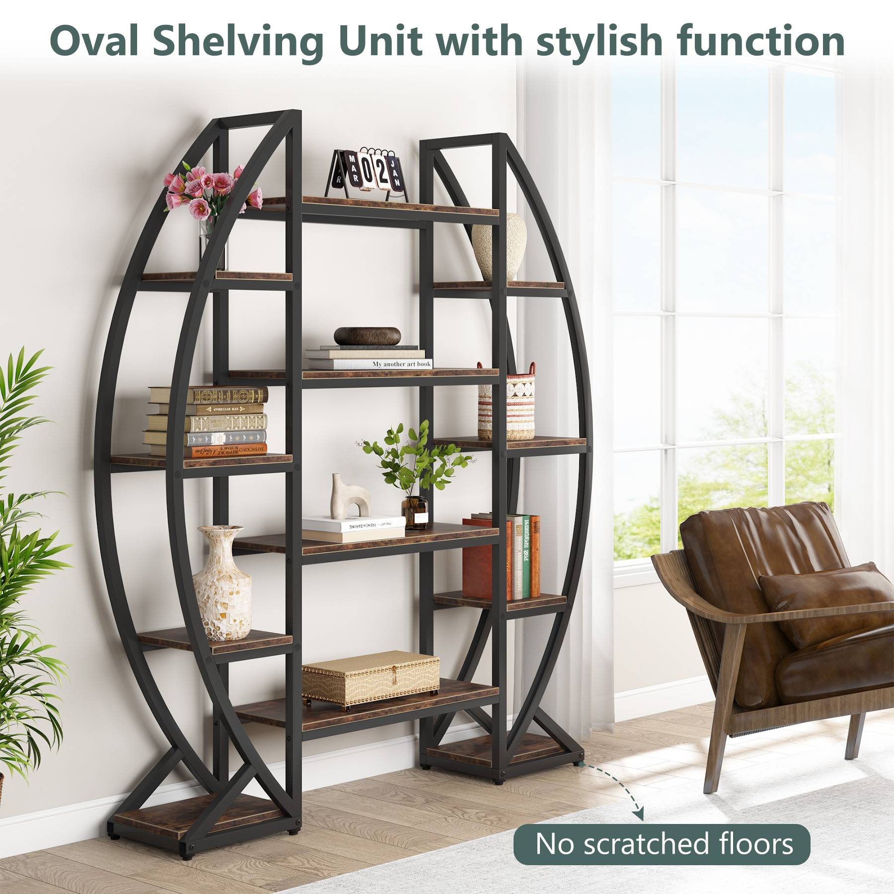 Industrial Bookshelf, Oval Triple Wide Etagere Bookcases Display Shelves (cm)