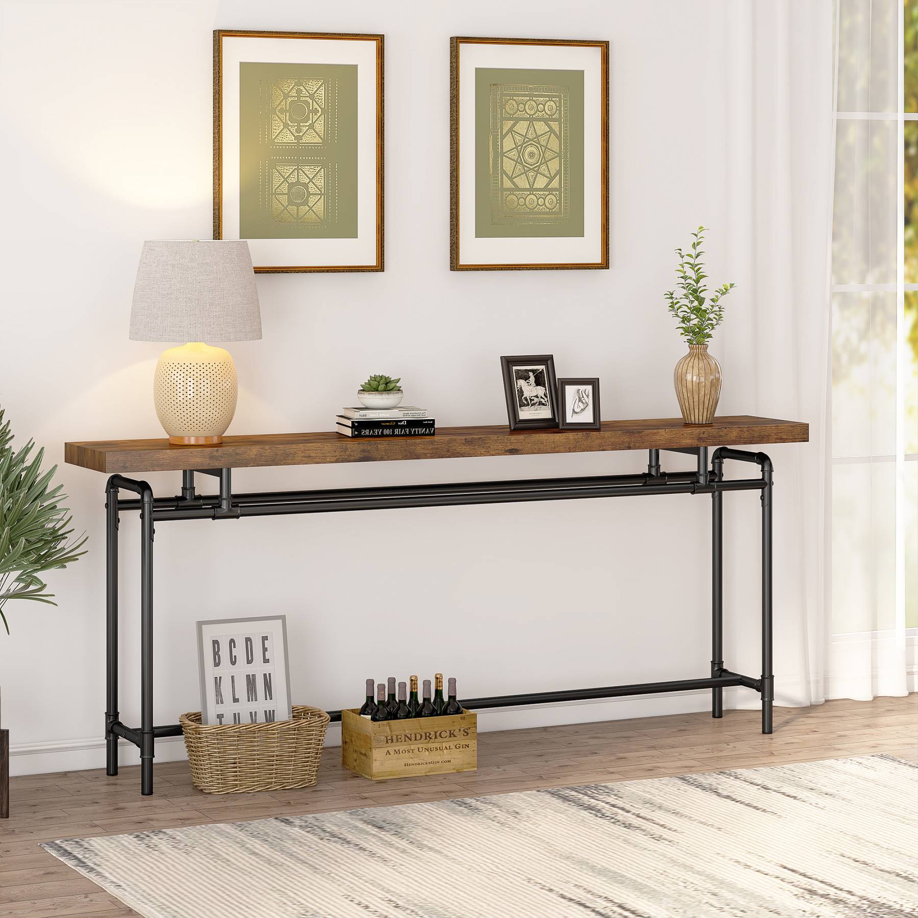 Industrial Console Table, 180 cm Narrow Foyer Sofa Table for Entrance