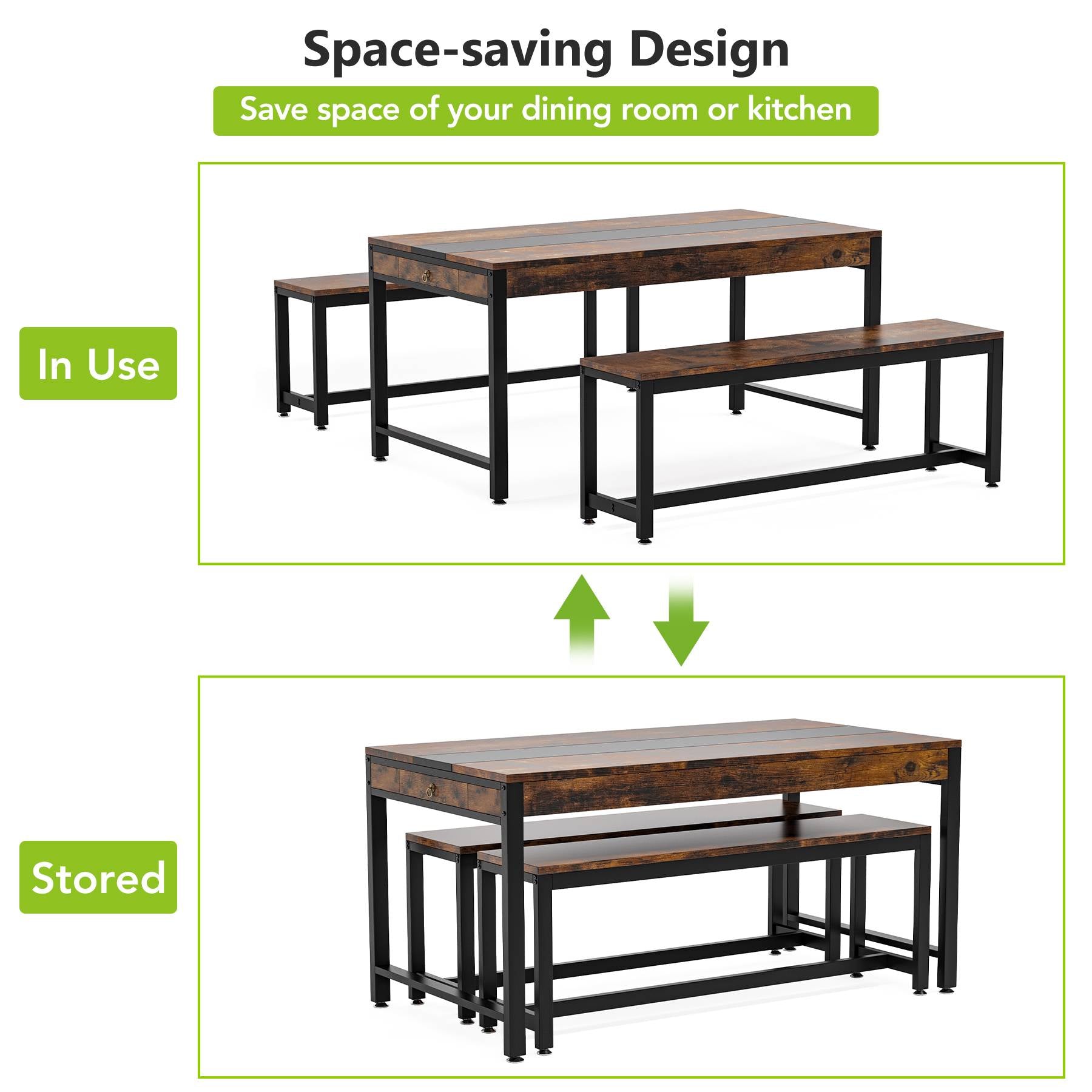 Dining Table Set, Kitchen Breakfast Table with 2 Benches & Side Drawer (cm)